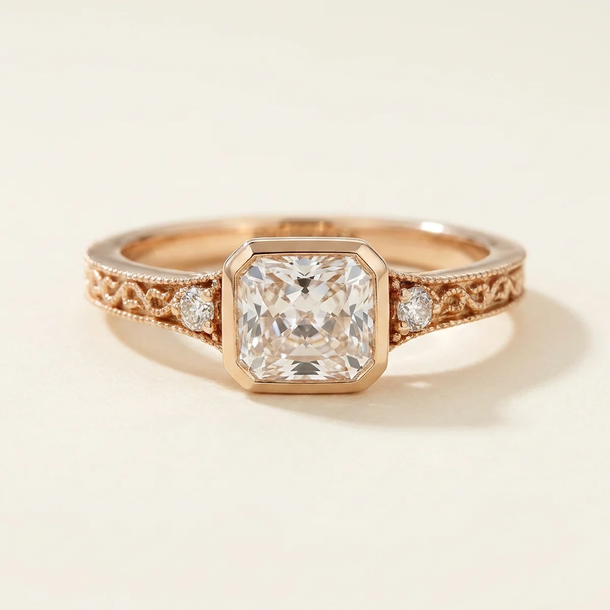 A .5ct colorless rectangular radiant diamond on a yellow gold ring, custom-designed by Eterneva to honor the remarkable Thomas.