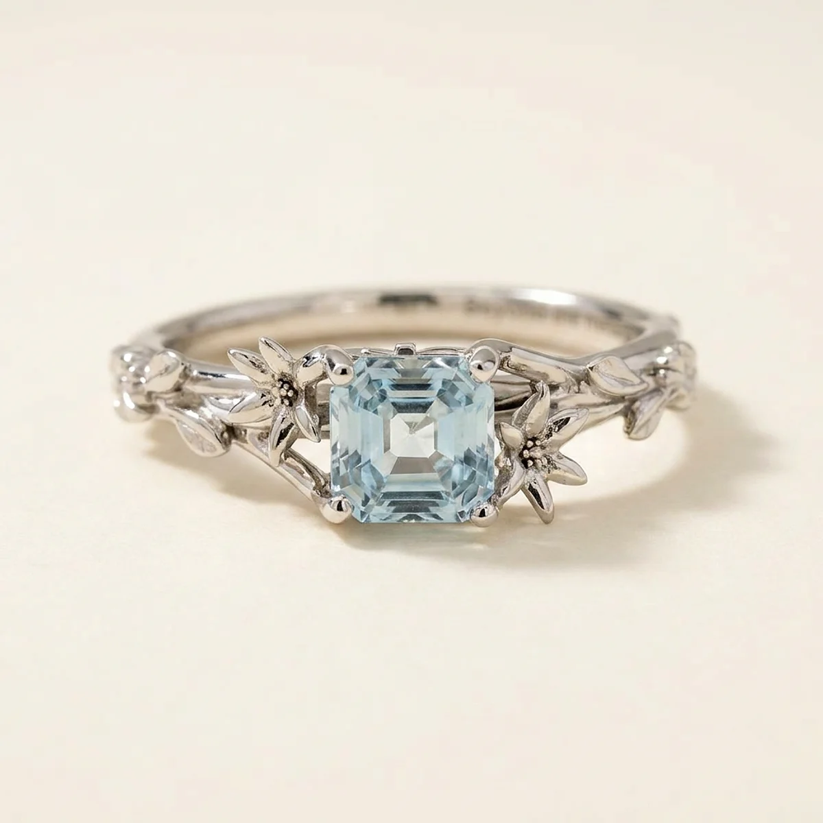 A .75ct blue asscher diamond on a platinum ring, custom-designed by Eterneva to honor the remarkable Lisa.