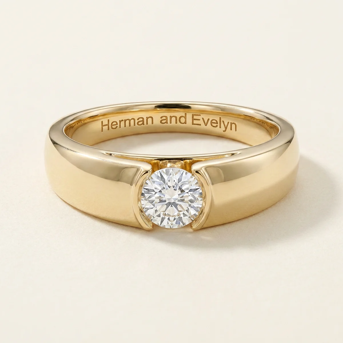 A .5ct blue round diamond on a yellow gold ring, custom-designed by Eterneva to honor the remarkable Herman.