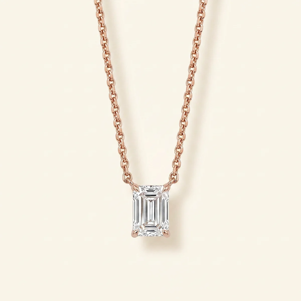 A .75ct colorless emerald diamond on a rose gold necklace, custom-designed by Eterneva to honor the remarkable Obie.