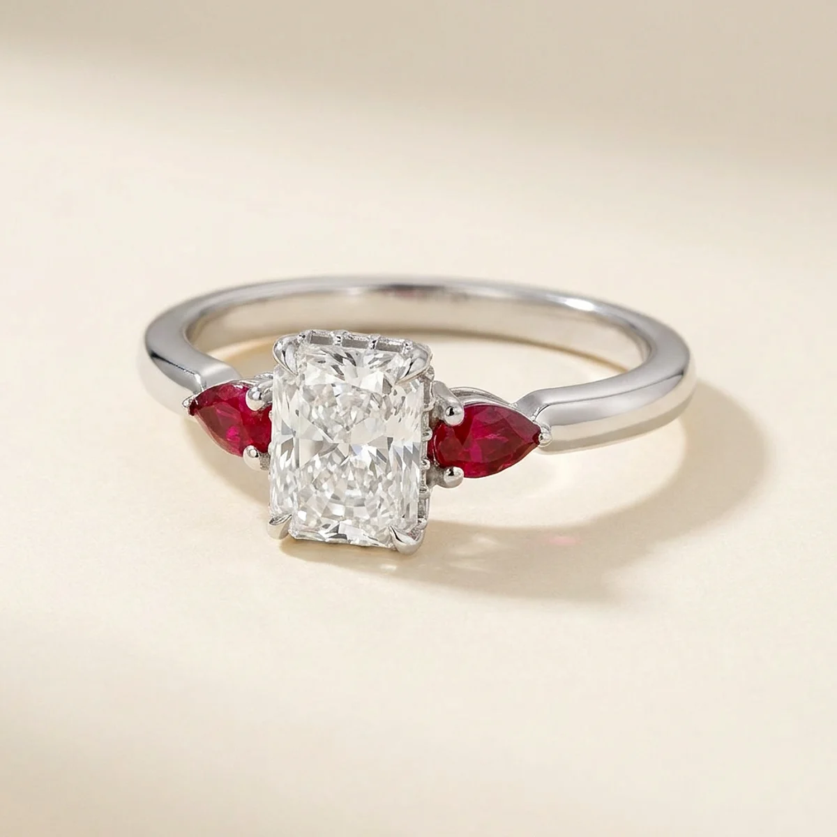 A 1ct colorless rectangular radiant diamond on a white gold ring, custom-designed by Eterneva to honor the remarkable Susan.