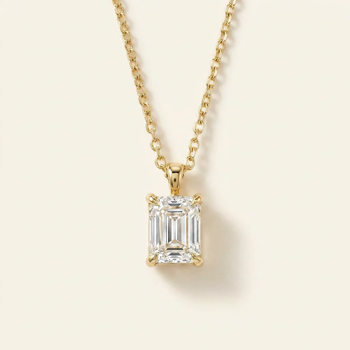 A .75ct colorless emerald diamond on a yellow gold necklace, custom-designed by Eterneva to honor the remarkable Charlie.