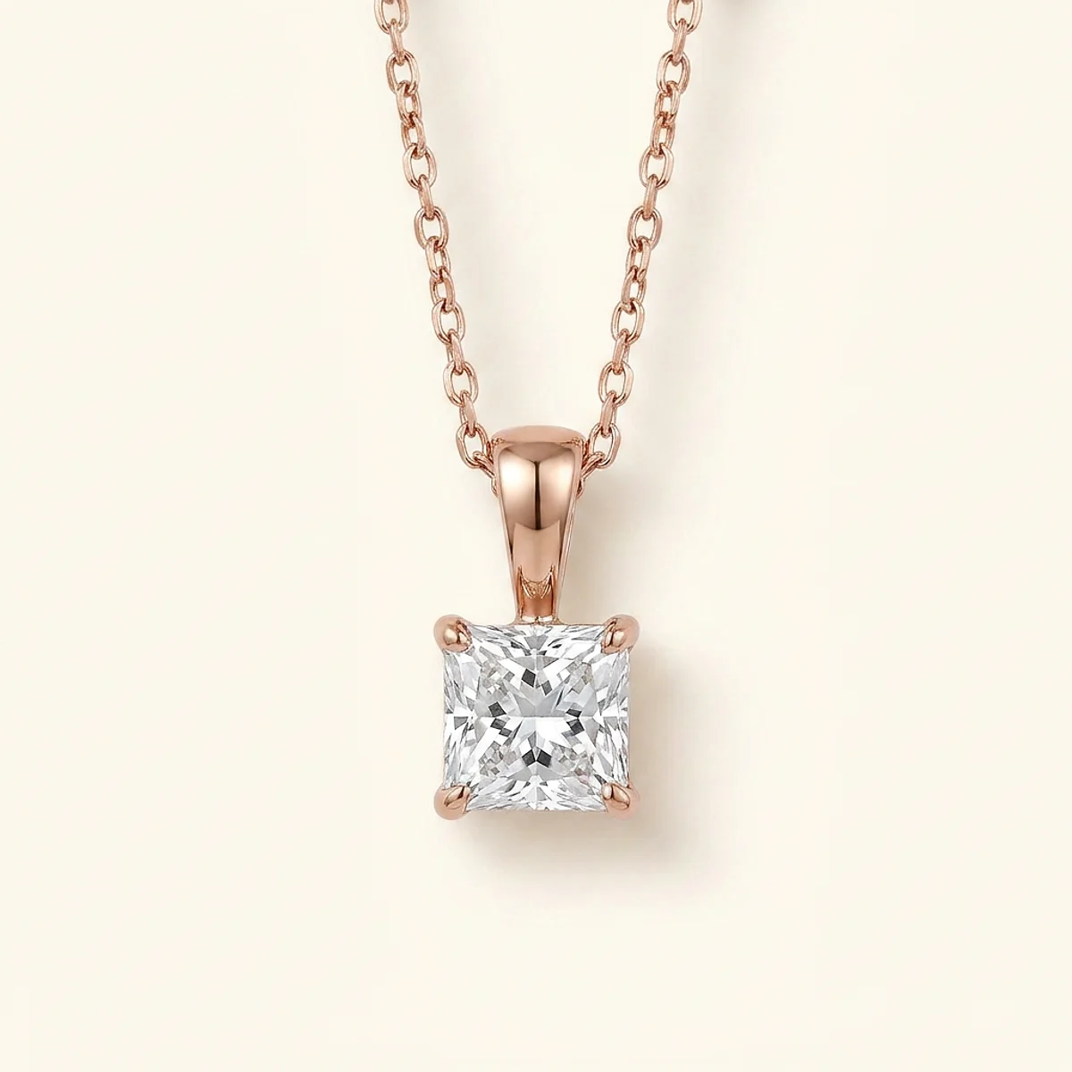A .25ct colorless cushion diamond on a rose gold necklace, custom-designed by Eterneva to honor the remarkable Pandora.