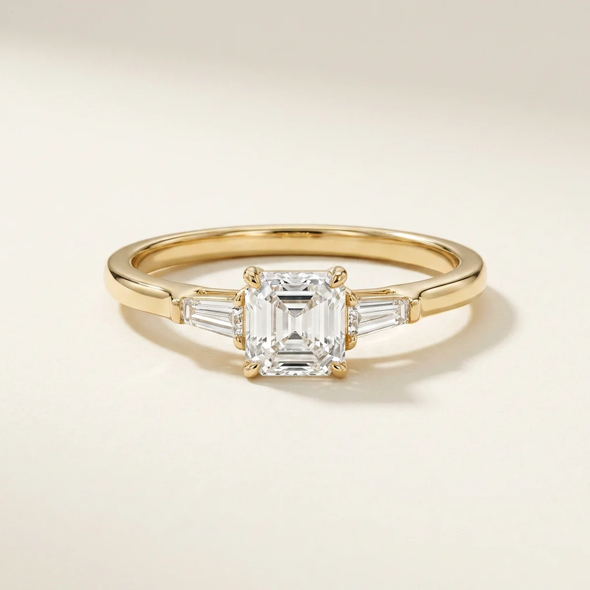 A .5ct colorless asscher diamond on a yellow gold ring, custom-designed by Eterneva to honor the remarkable Leona.