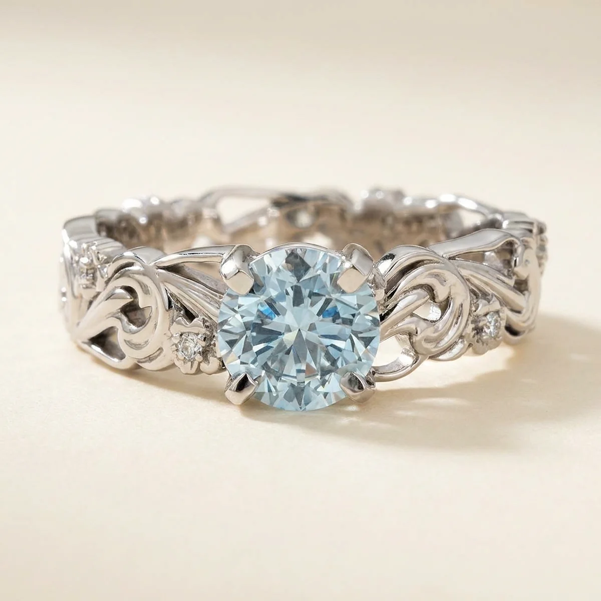 A 1ct blue round diamond on a platinum ring, custom-designed by Eterneva to honor the remarkable Paisley.