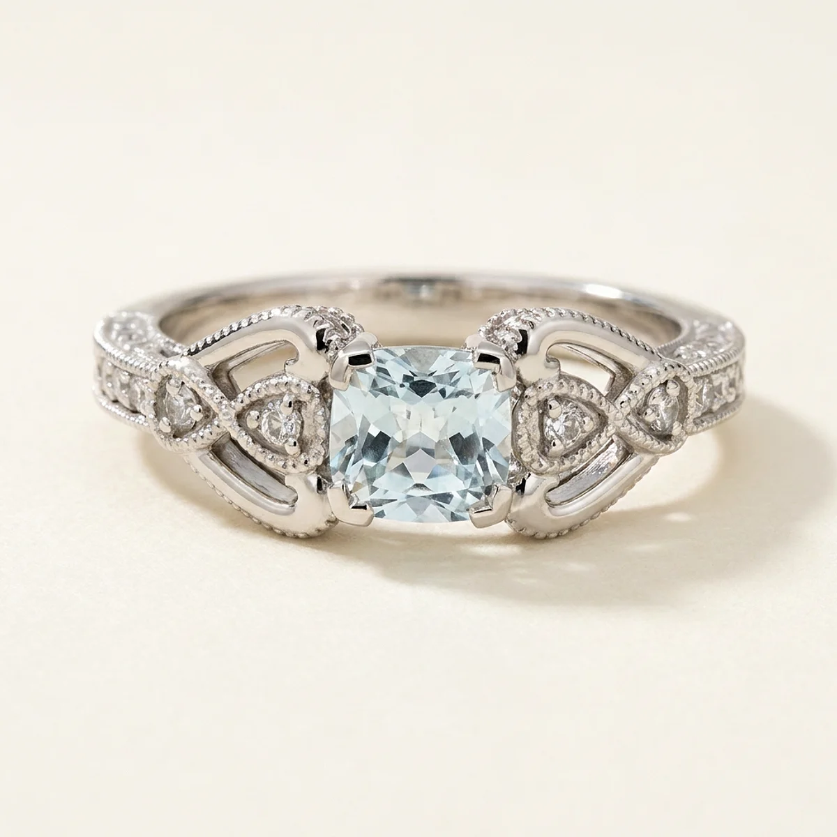 A .5ct blue cushion diamond on a platinum ring, custom-designed by Eterneva to honor the remarkable Wilma.
