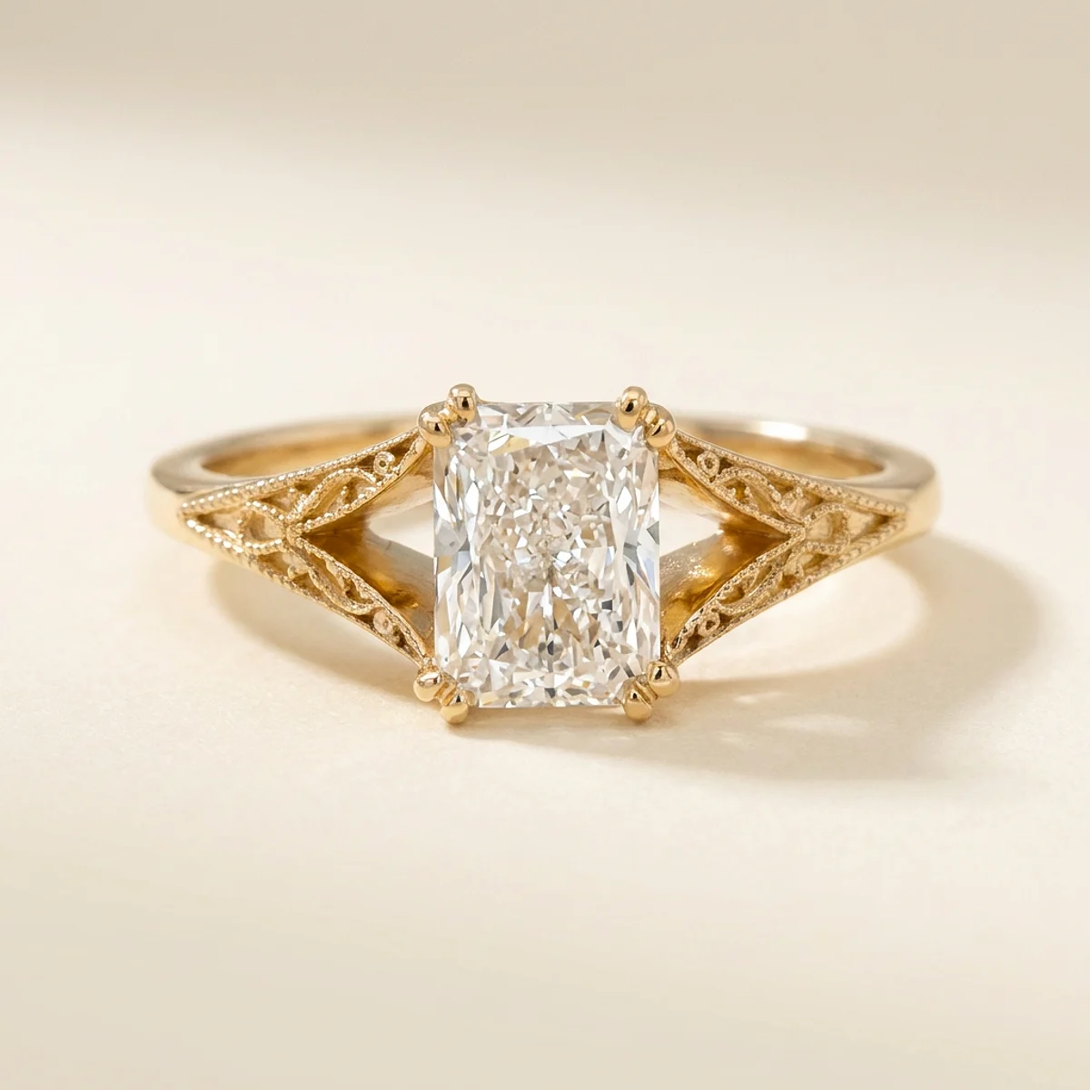 A 1.5ct colorless rectangular radiant diamond on a yellow gold ring, custom-designed by Eterneva to honor the remarkable Kyle.
