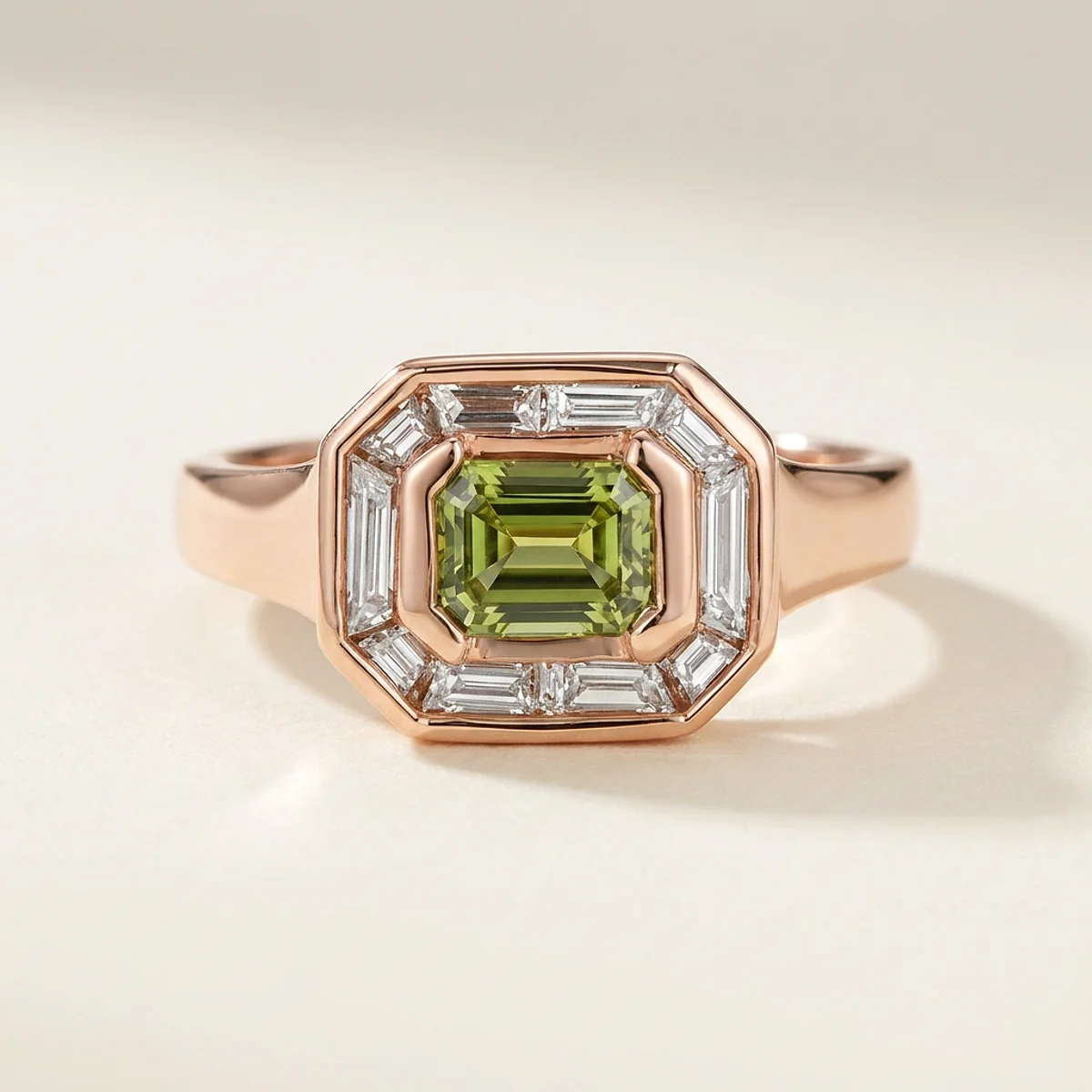 A .5ct green emerald diamond on a rose gold ring, custom-designed by Eterneva to honor the remarkable Fred.