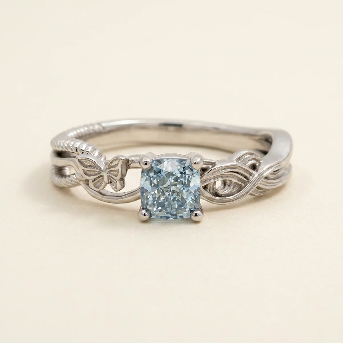 A .75ct blue cushion diamond on a platinum ring, custom-designed by Eterneva to honor the remarkable Alexander.