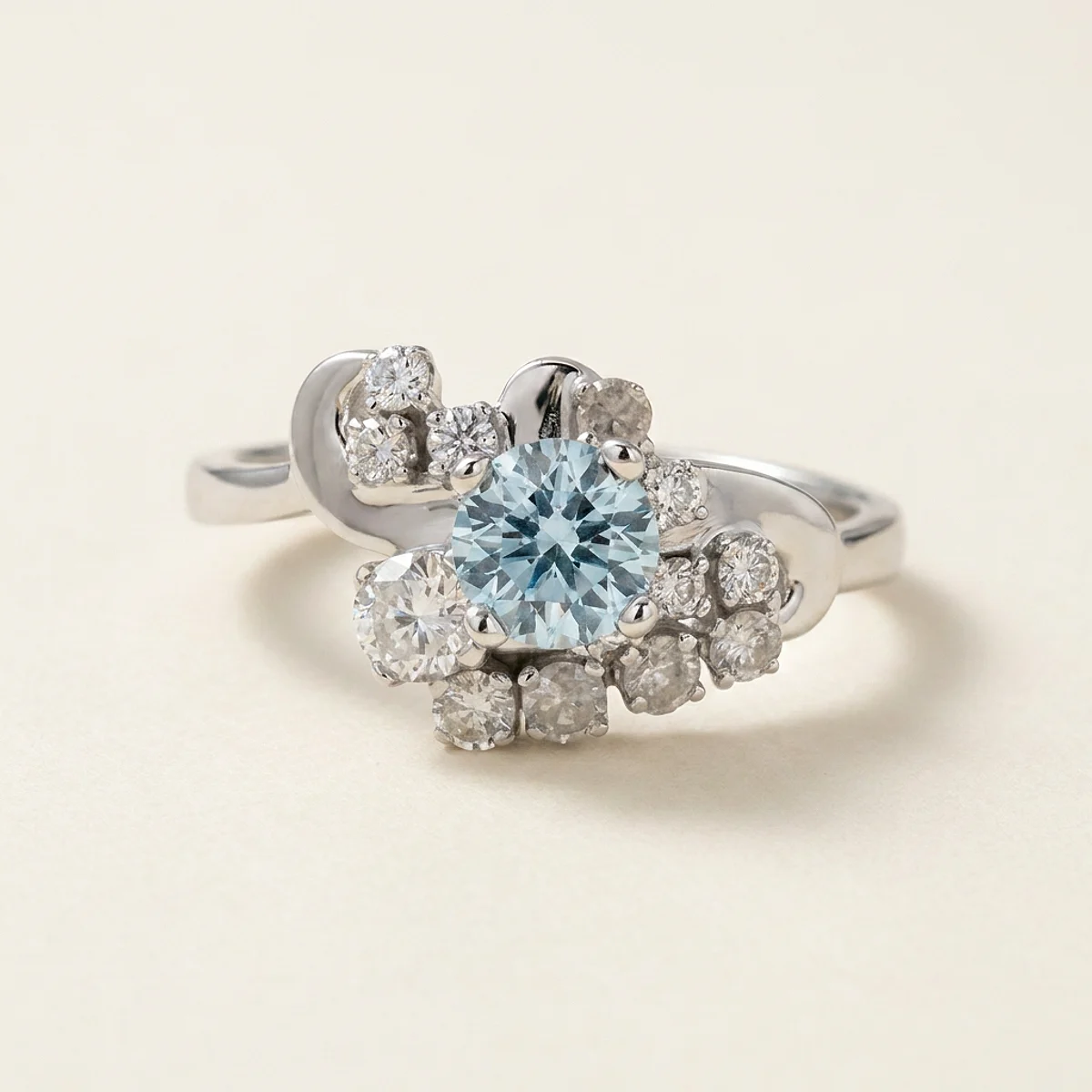 A .25ct blue round diamond on a white gold ring, custom-designed by Eterneva to honor the remarkable Donna.
