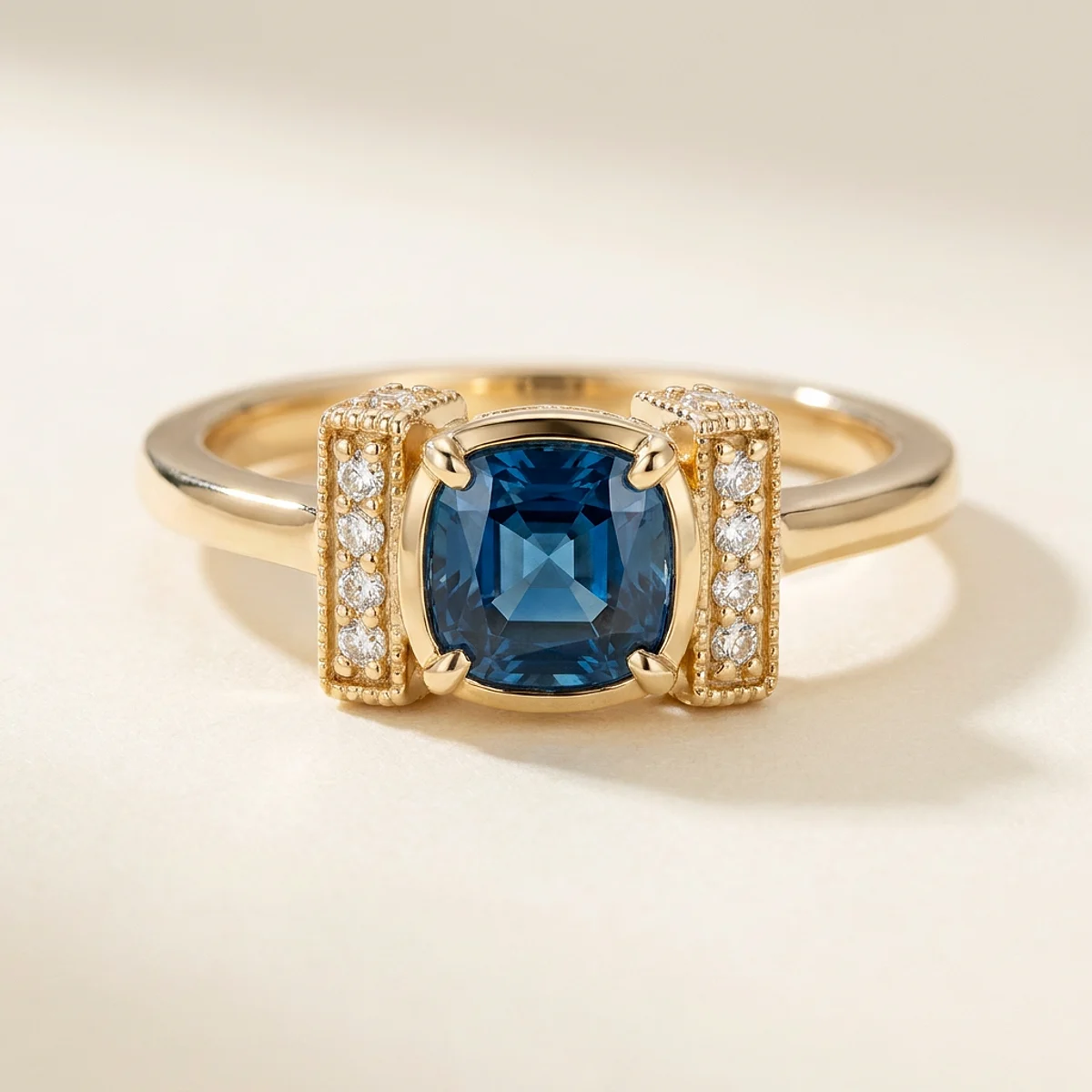 A .4ct blue cushion diamond on a yellow gold ring, custom-designed by Eterneva to honor the remarkable Doliski.