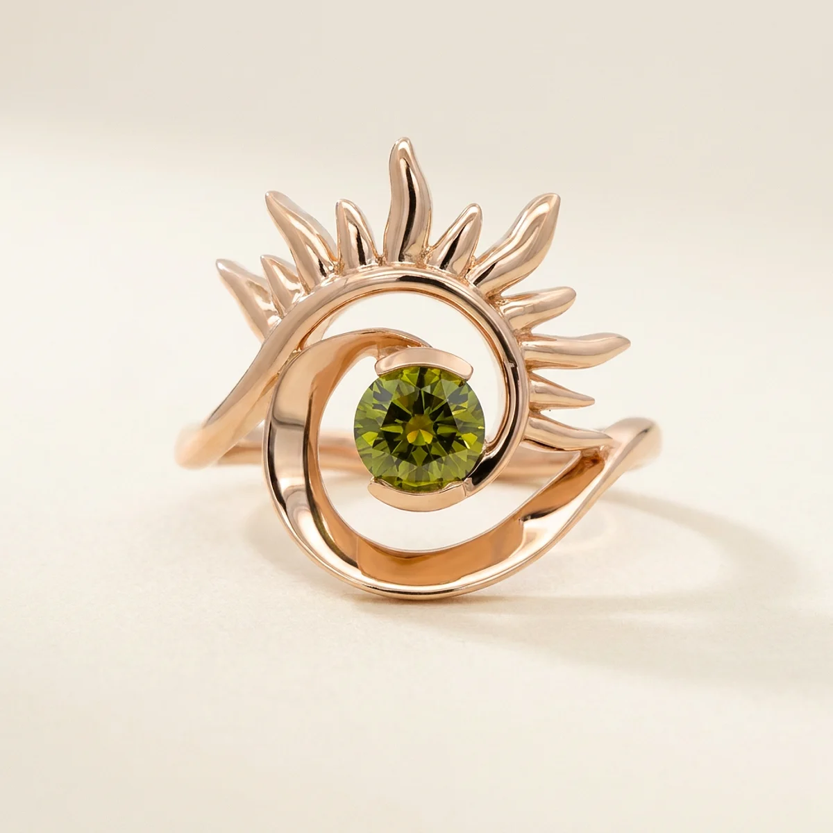A .25ct green round diamond on a yellow gold ring, custom-designed by Eterneva to honor the remarkable Gabby.