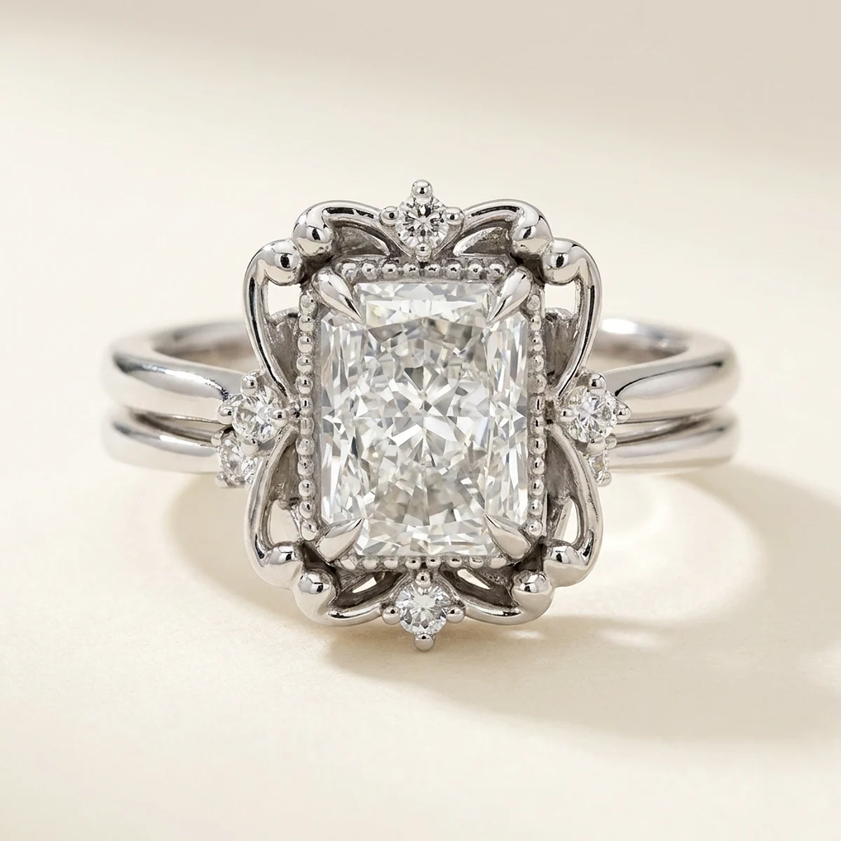 A 1.5ct colorless rectangular radiant diamond on a platinum ring, custom-designed by Eterneva to honor the remarkable Virginia.