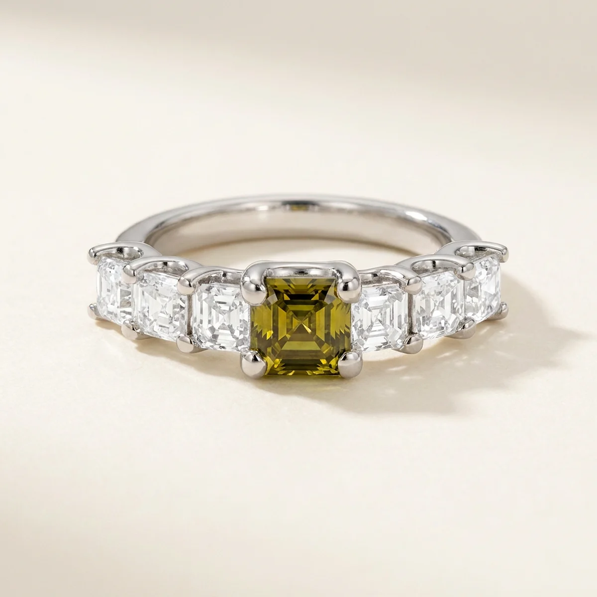 A .5ct green asscher diamond on a platinum ring, custom-designed by Eterneva to honor the remarkable Robert.