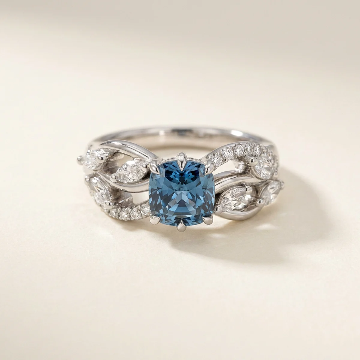 A 1.5ct blue cushion diamond on a platinum ring, custom-designed by Eterneva to honor the remarkable Mark.