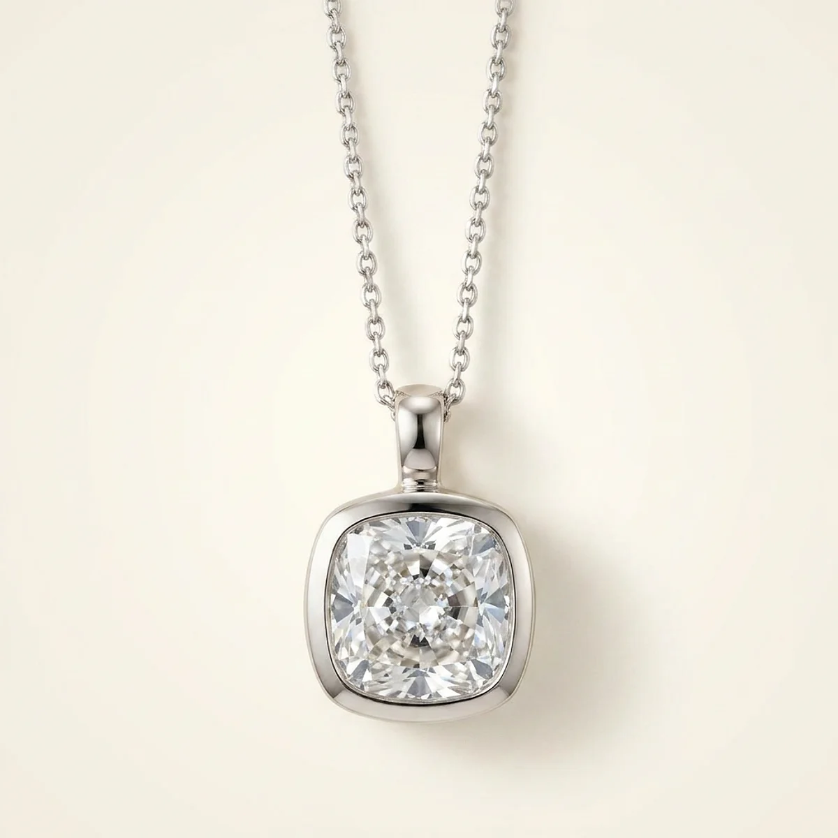 A 1.5ct colorless cushion diamond on a platinum pendant, custom-designed by Eterneva to honor the remarkable Colin.