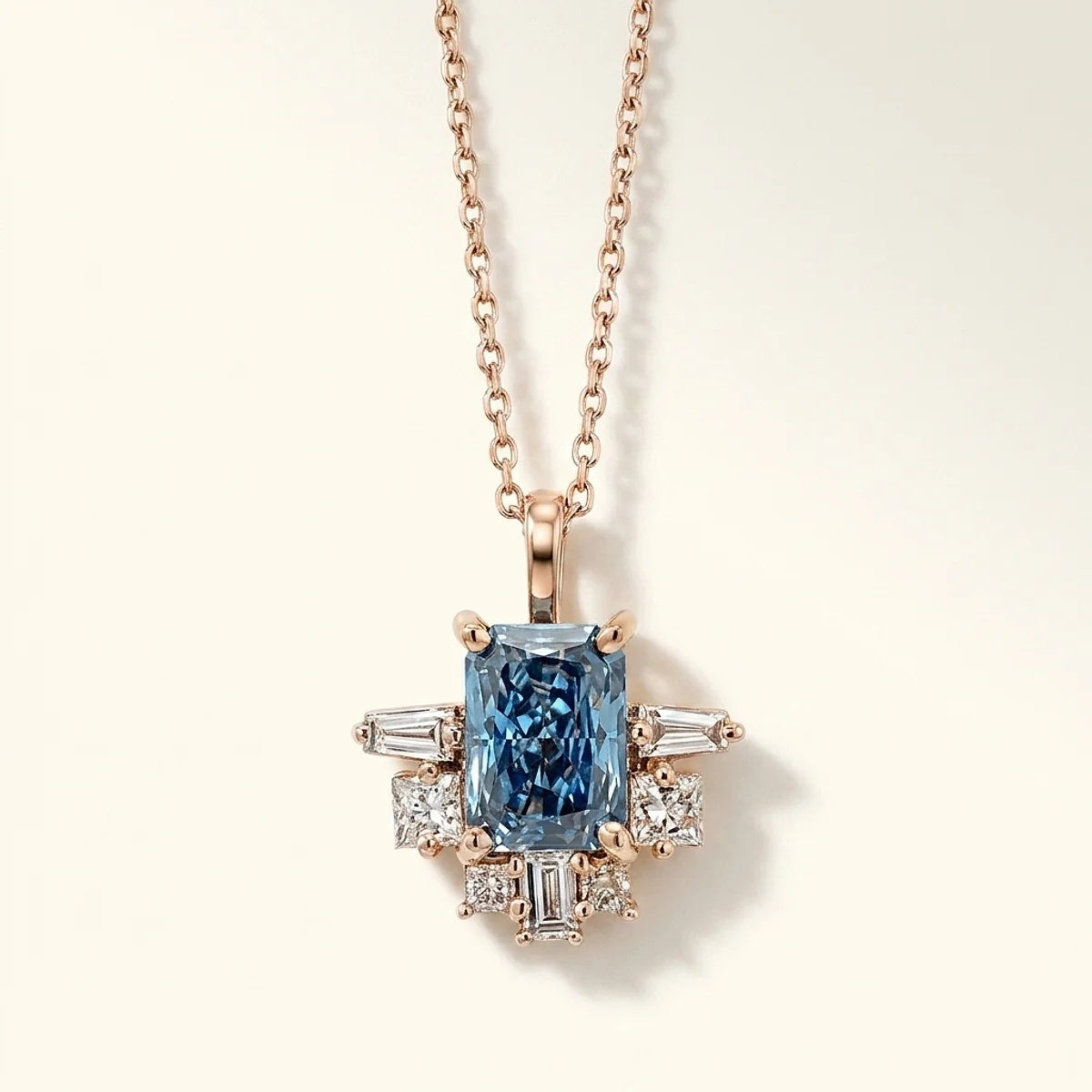 A .75ct blue rectangular radiant diamond on a yellow gold pendant, custom-designed by Eterneva to honor the remarkable Colin.
