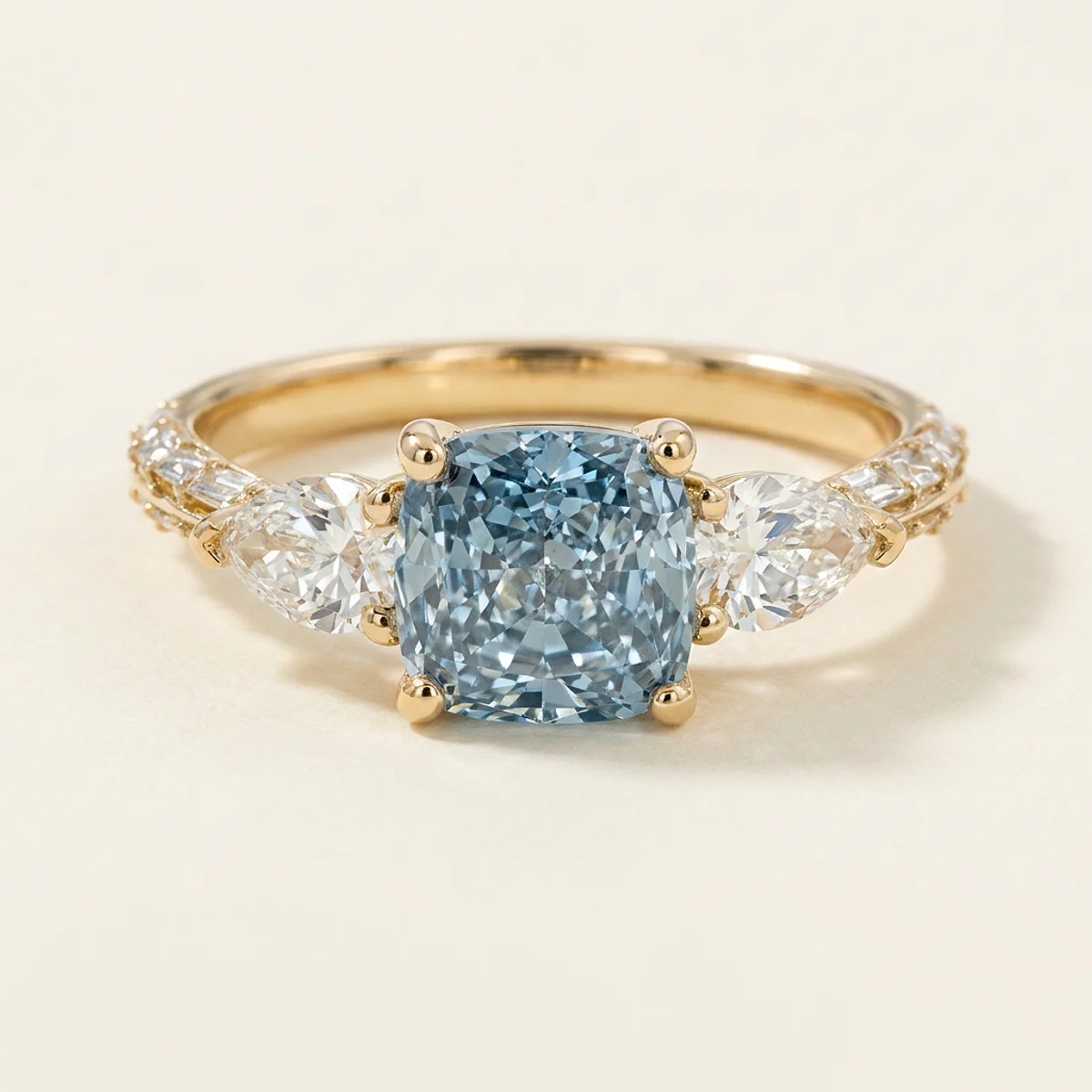 A 1.5ct blue cushion diamond on a yellow gold ring, custom-designed by Eterneva to honor the remarkable Michael.