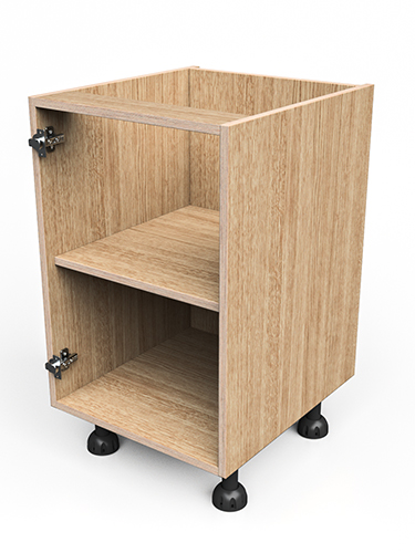Light wood two-shelf cabinet base with adjustable black feet and metal hinges, without doors.