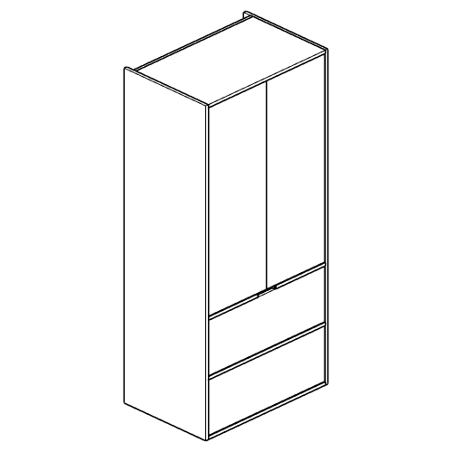 Line drawing of a tall cabinet with two upper doors and two lower drawers.