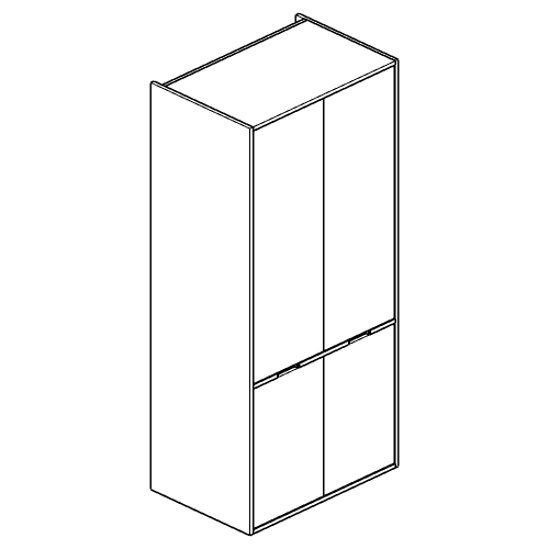 Isometric line drawing of a four-door rectangular cabinet or cupboard with two doors on top and two doors on bottom.