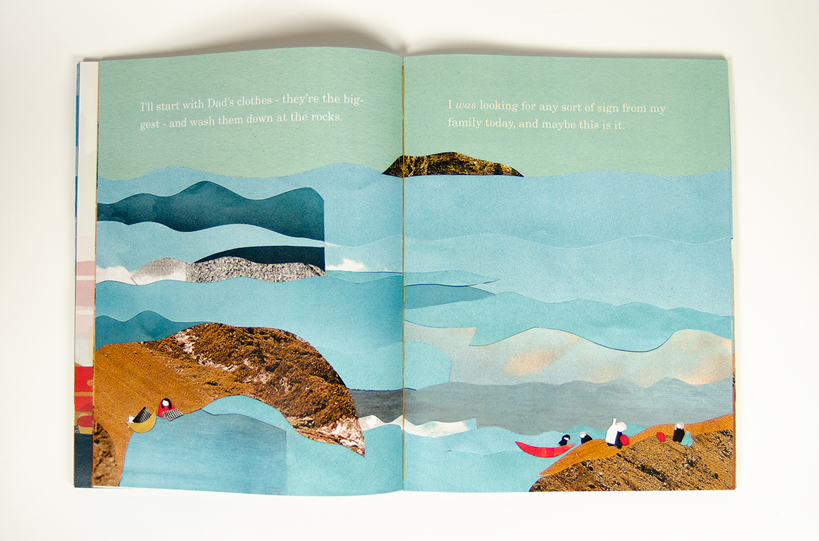 open book spread featuring an illustration of two characters in paper collaged style