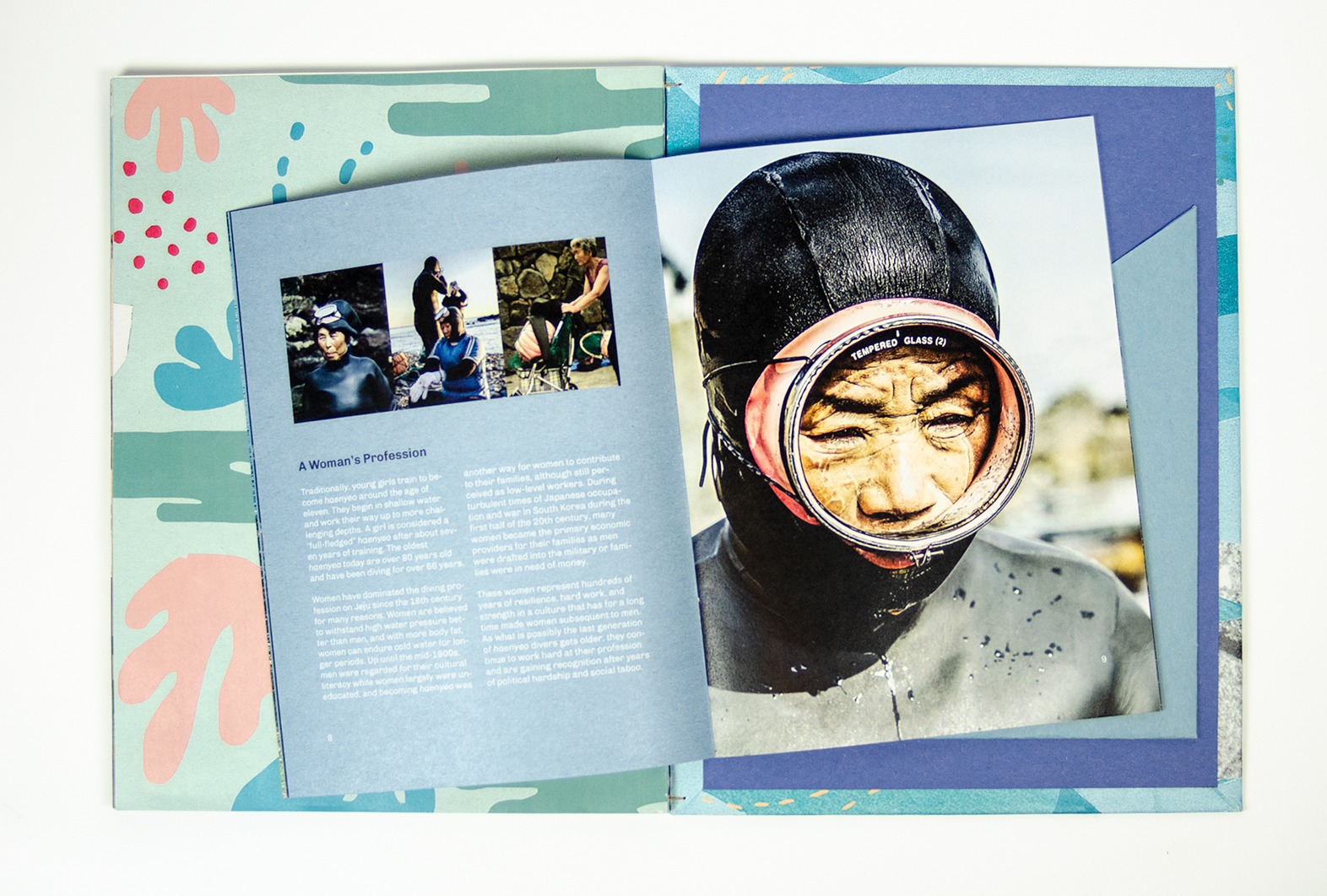 booklet spread featuring an image of haenyeo (korean diver) 