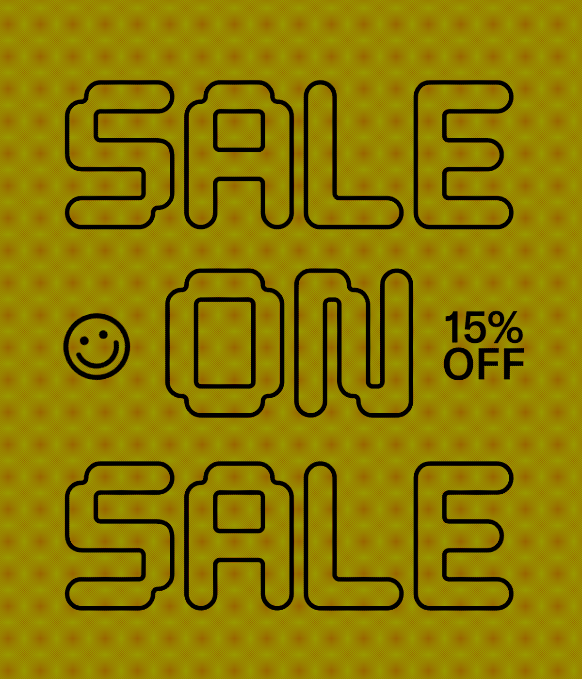 animated gif featuring "sale on sale" black text with a bouncing ball simulating color fills on an olive green background
