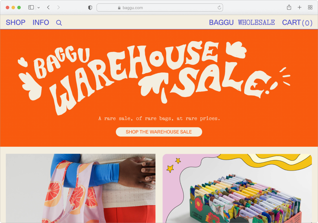 baggu warehouse sale homepage graphic mockup with baggu warehouse sale stylized text in cream and orange background