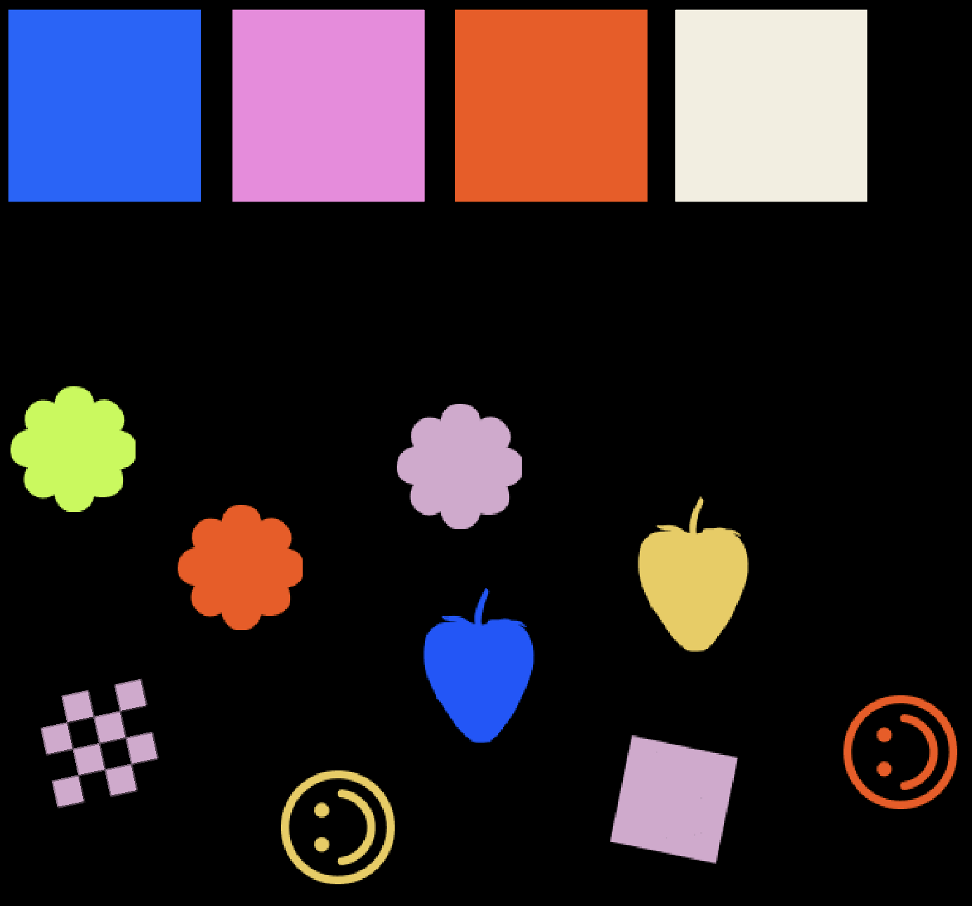 black background with square color fields in blue, pink, orange, and cream, along with small icons (flowers, strawberries, checkerboard, smiley faces) used for the mask sale campaign identity