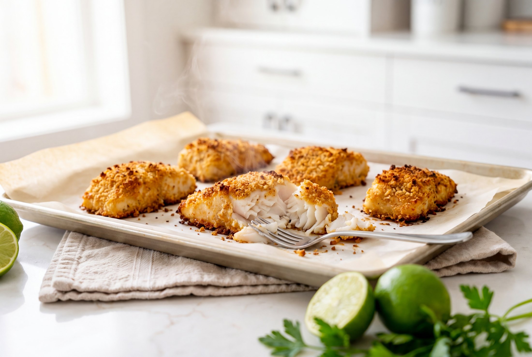 Golden baked macadamia crusted halibut filets fresh out of the oven