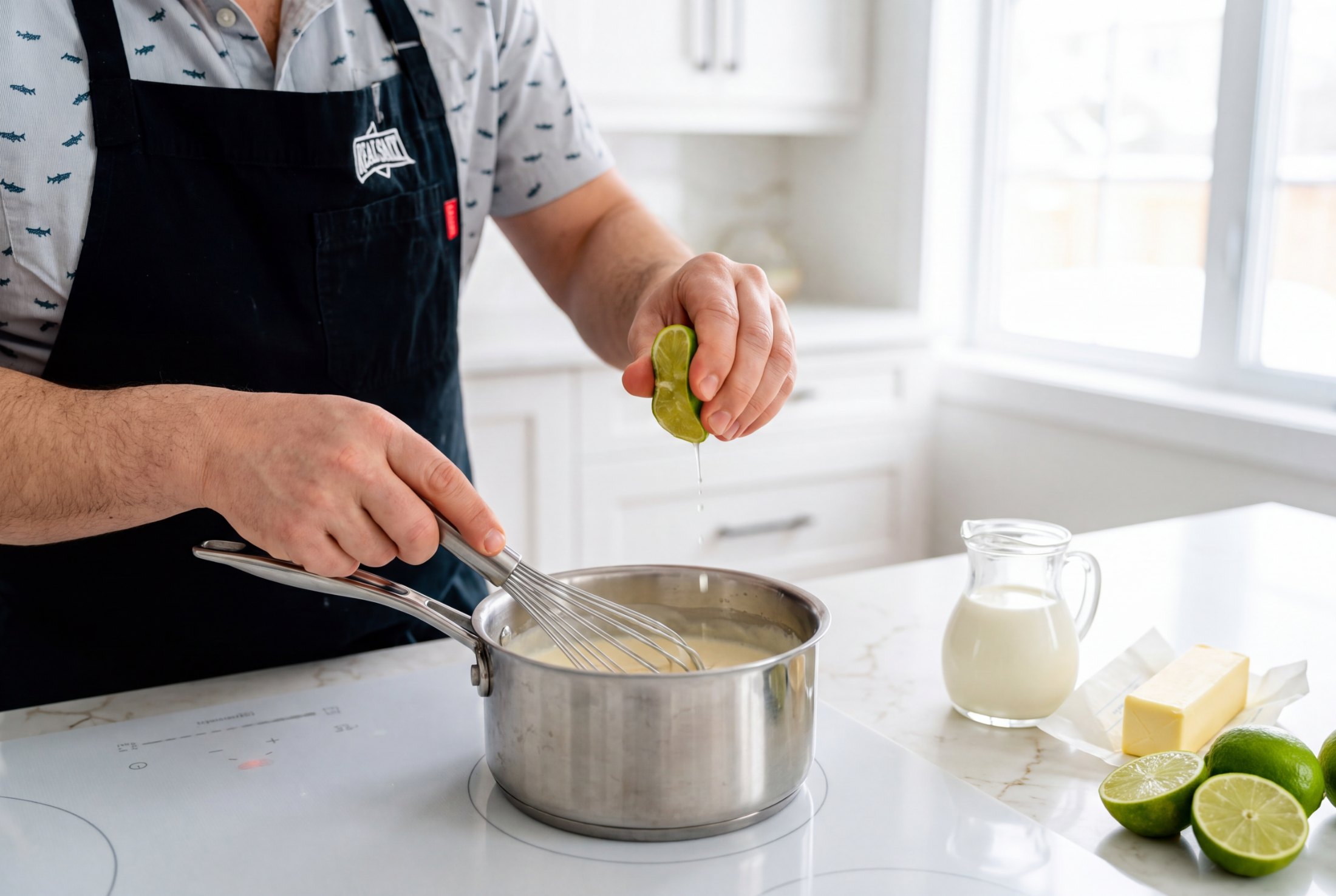Whisking lime butter cream sauce in a saucepan