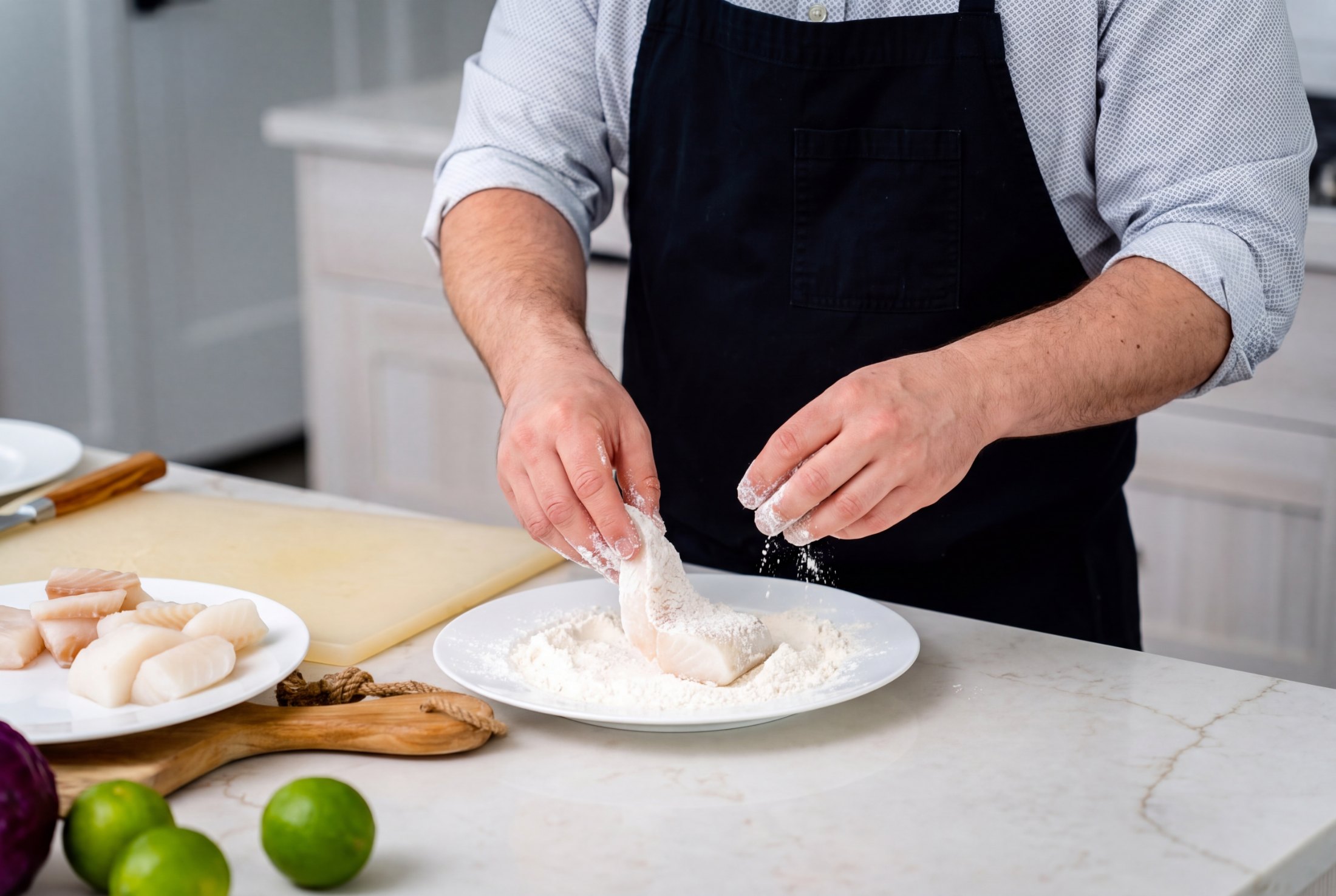 Dredging a halibut filet in flour