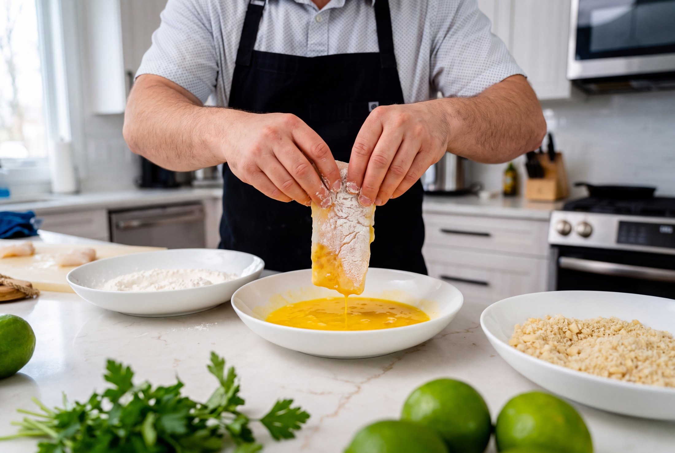 Dipping a floured halibut filet into beaten egg