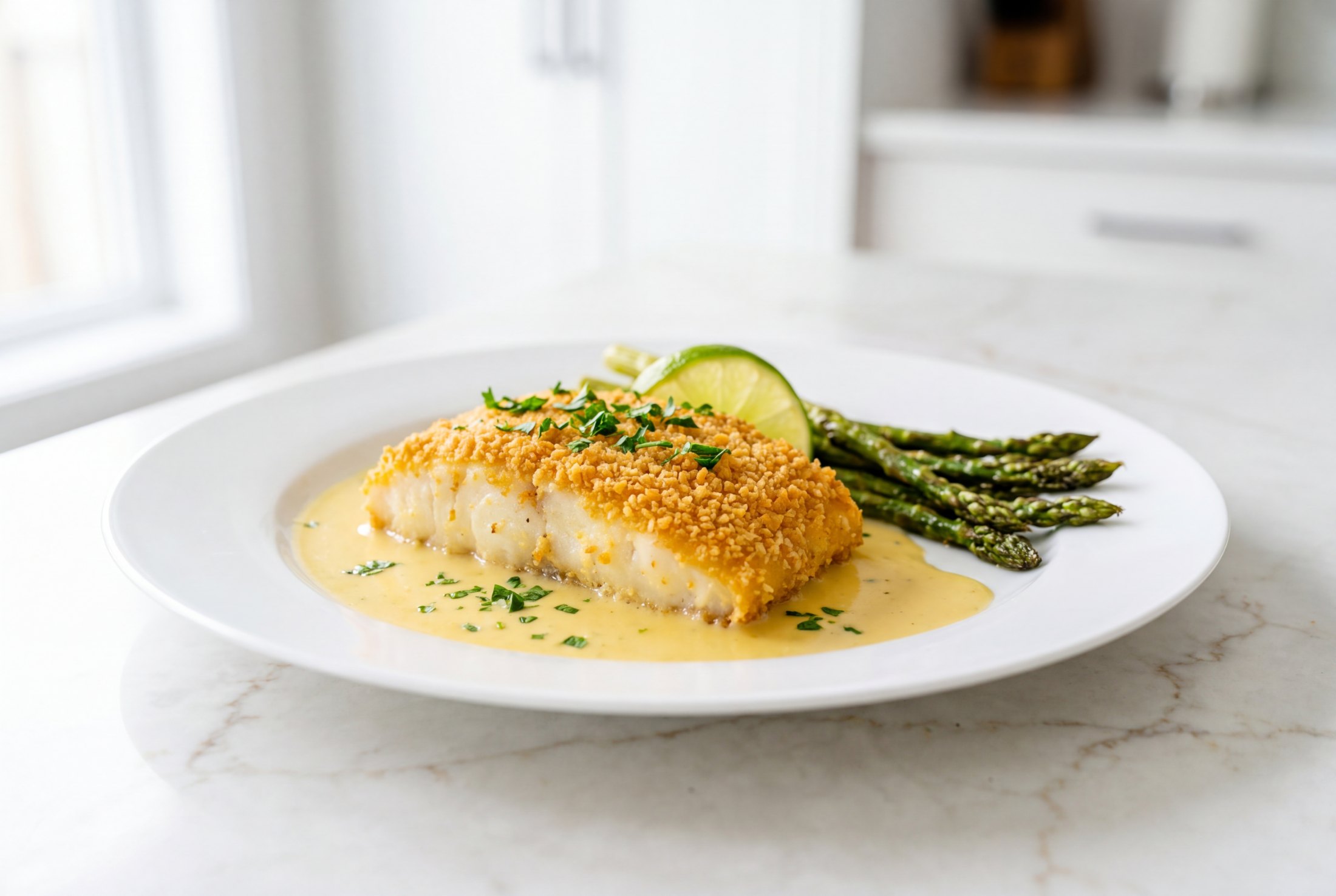 Plated macadamia crusted halibut with lime butter cream sauce and asparagus
