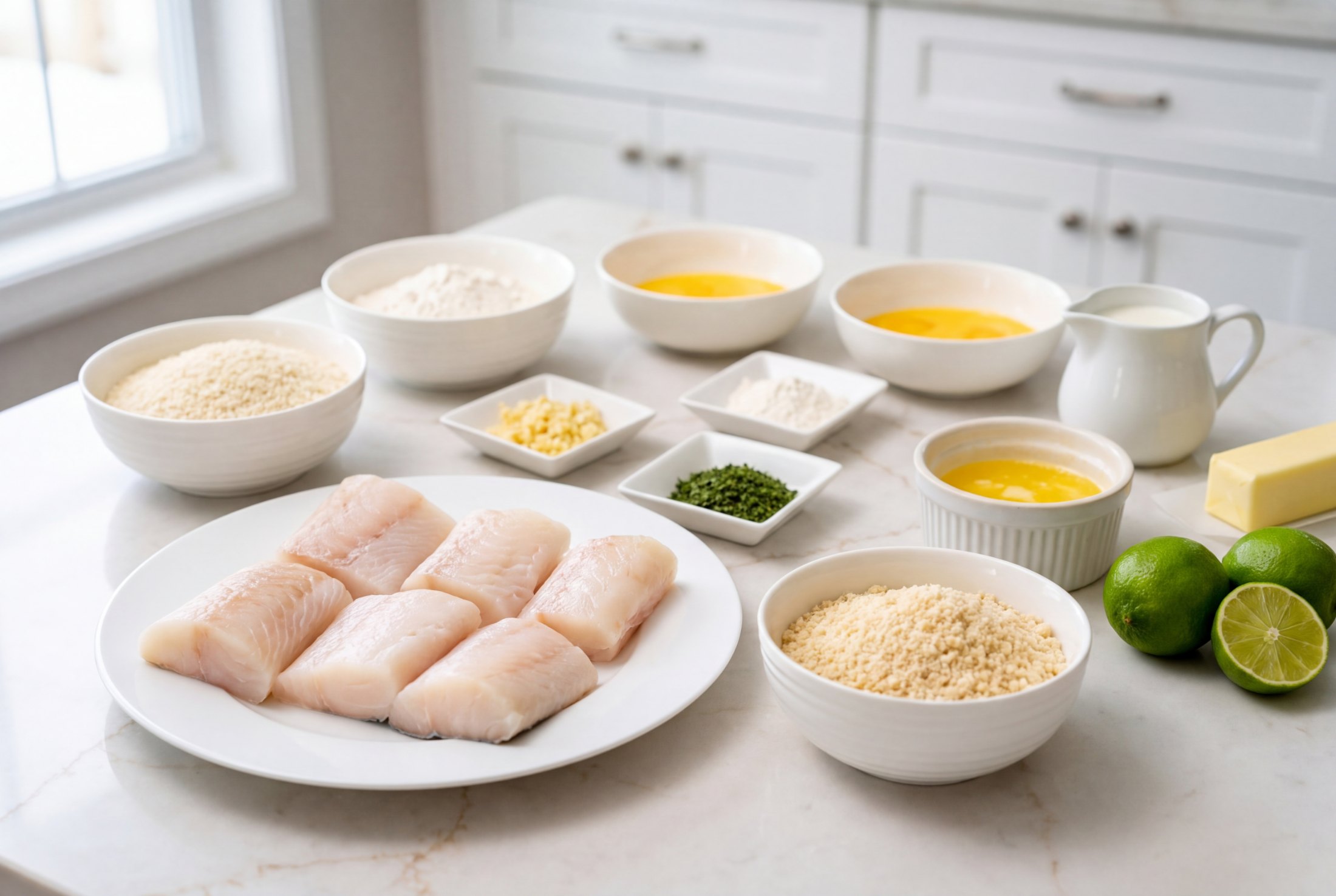 Ingredients for macadamia crusted halibut laid out on a marble countertop