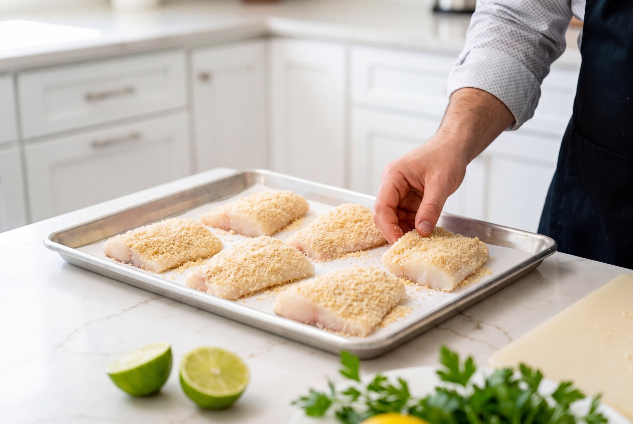 Crusted halibut filets arranged on a parchment lined sheet pan before baking