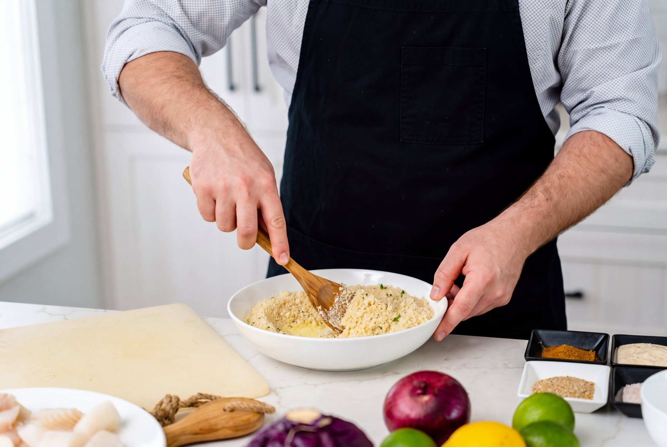 Stirring macadamia meal, panko, garlic and parsley together in a white mixing bowl