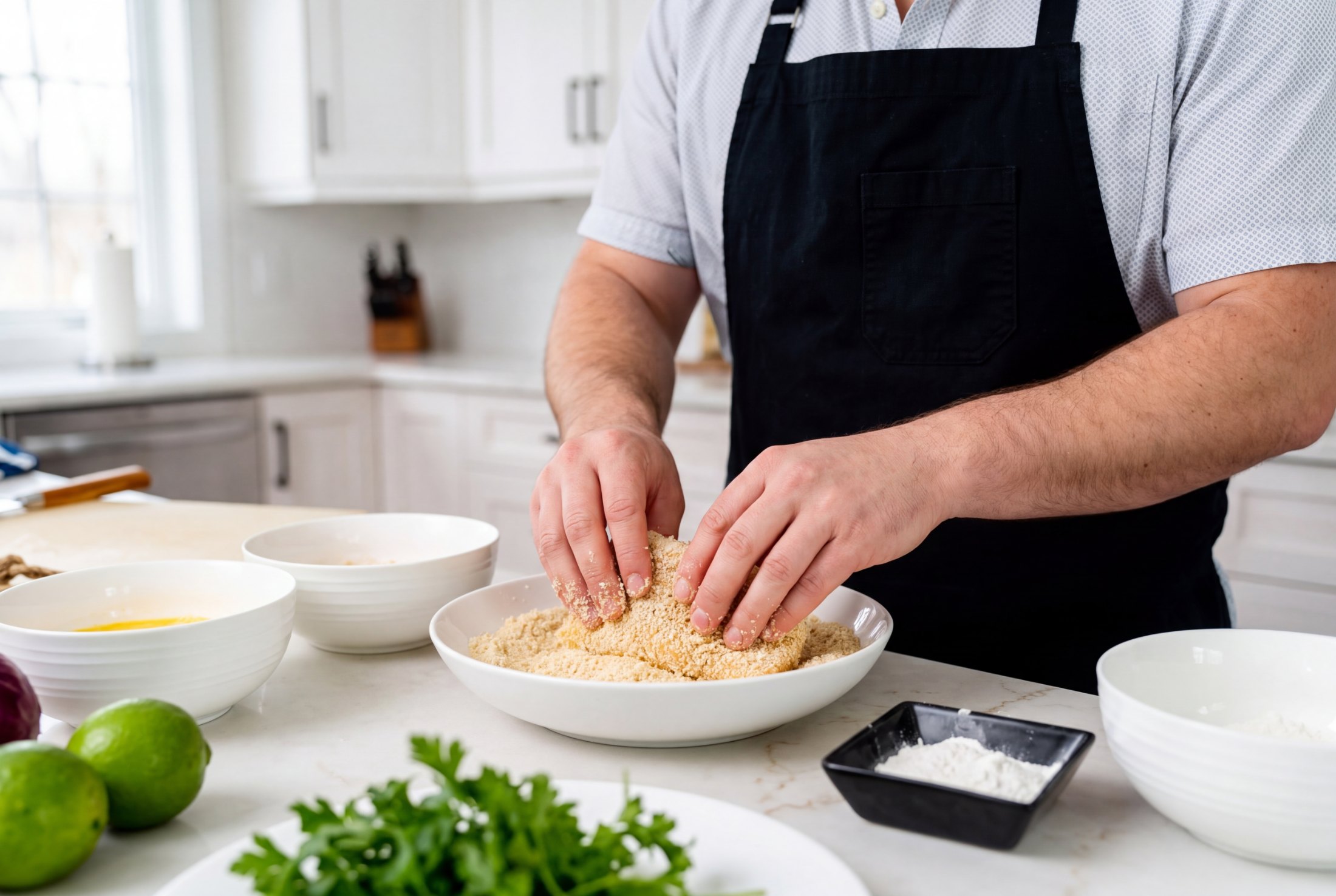 Pressing a halibut filet into the macadamia panko crumb mixture in a white bowl