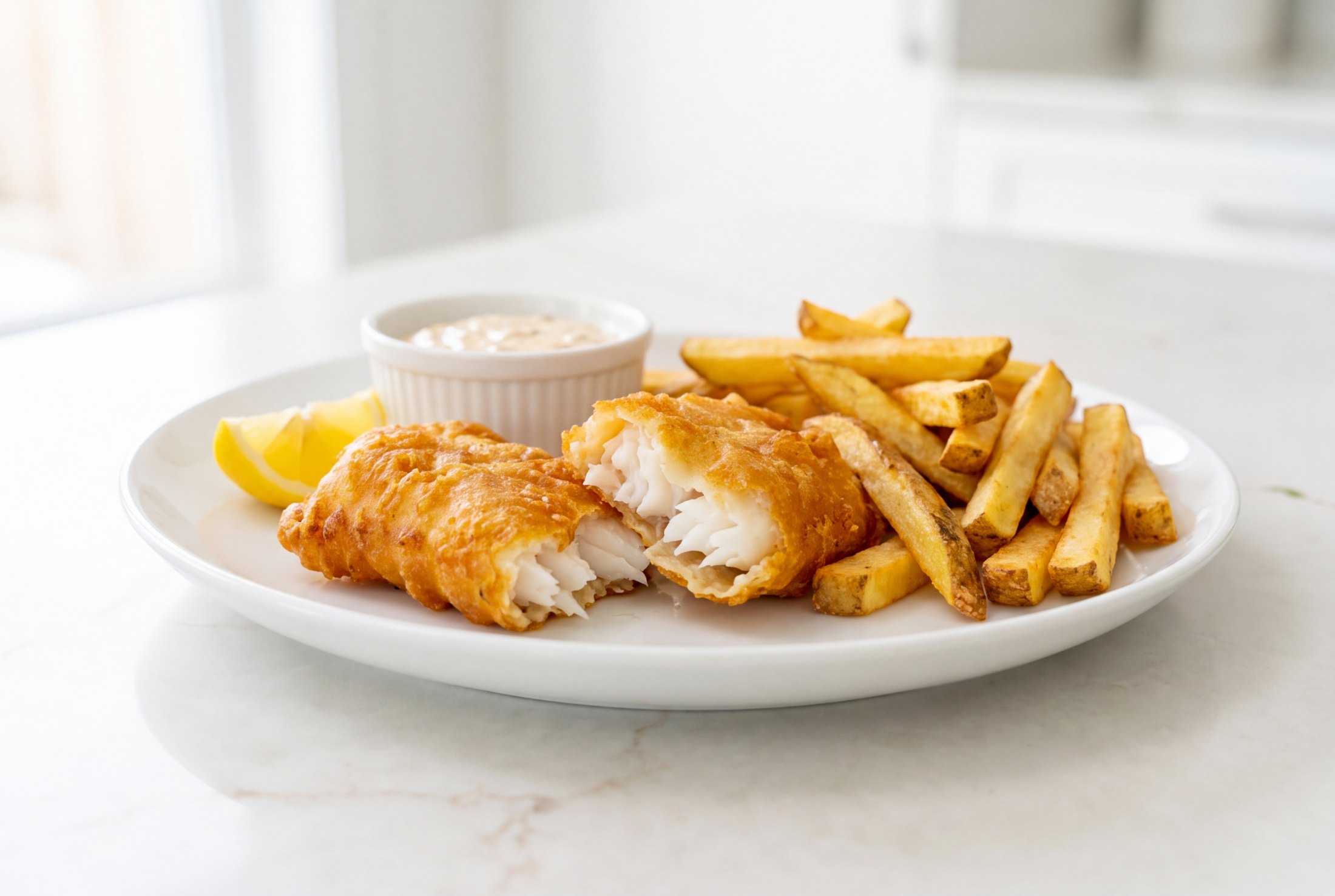Plated beer-battered halibut and chips with tartar sauce and a lemon wedge