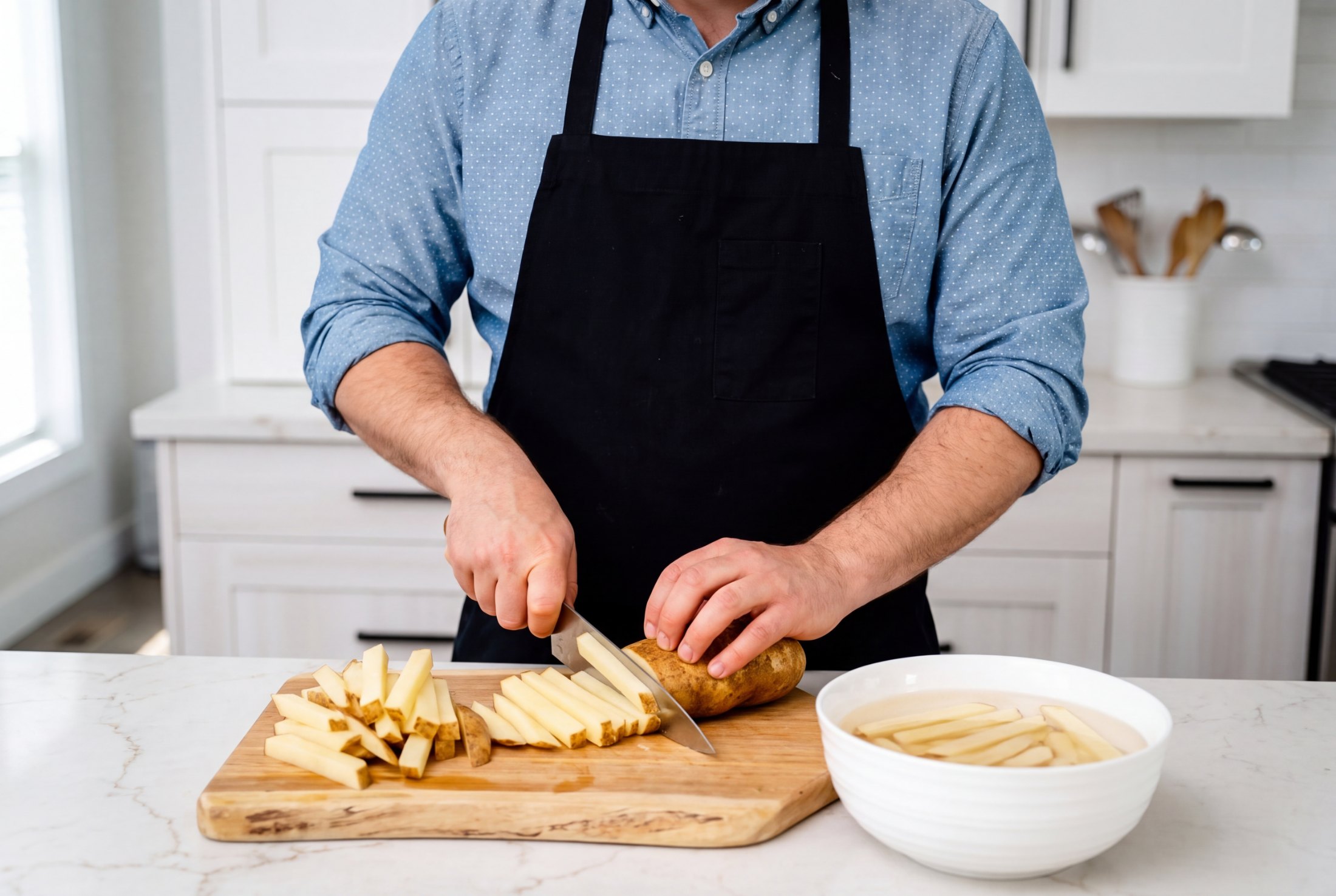 Hand cutting Chipperbec potatoes into thick chips on a wooden board