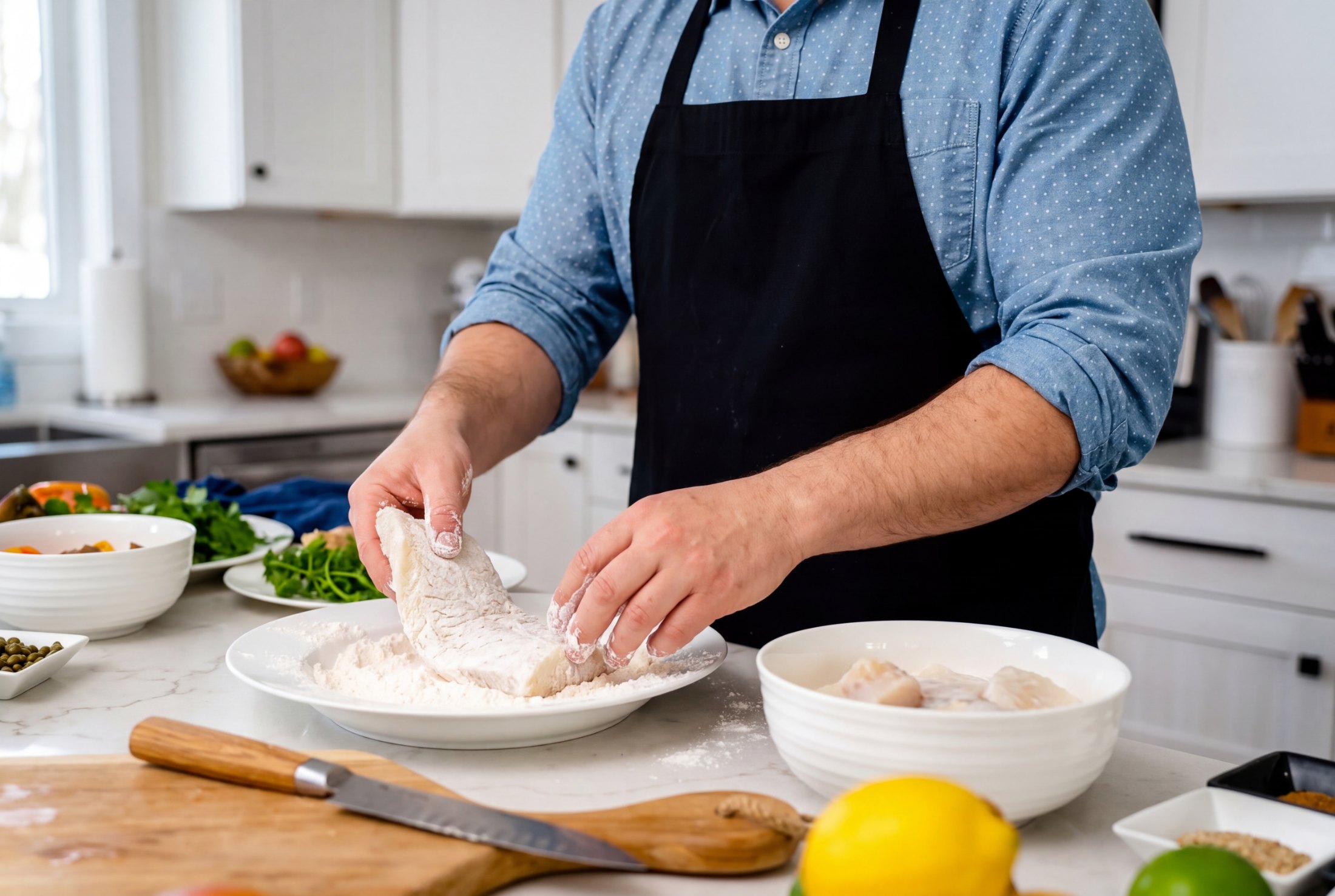 Dredging a buttermilk soaked halibut fillet in flour