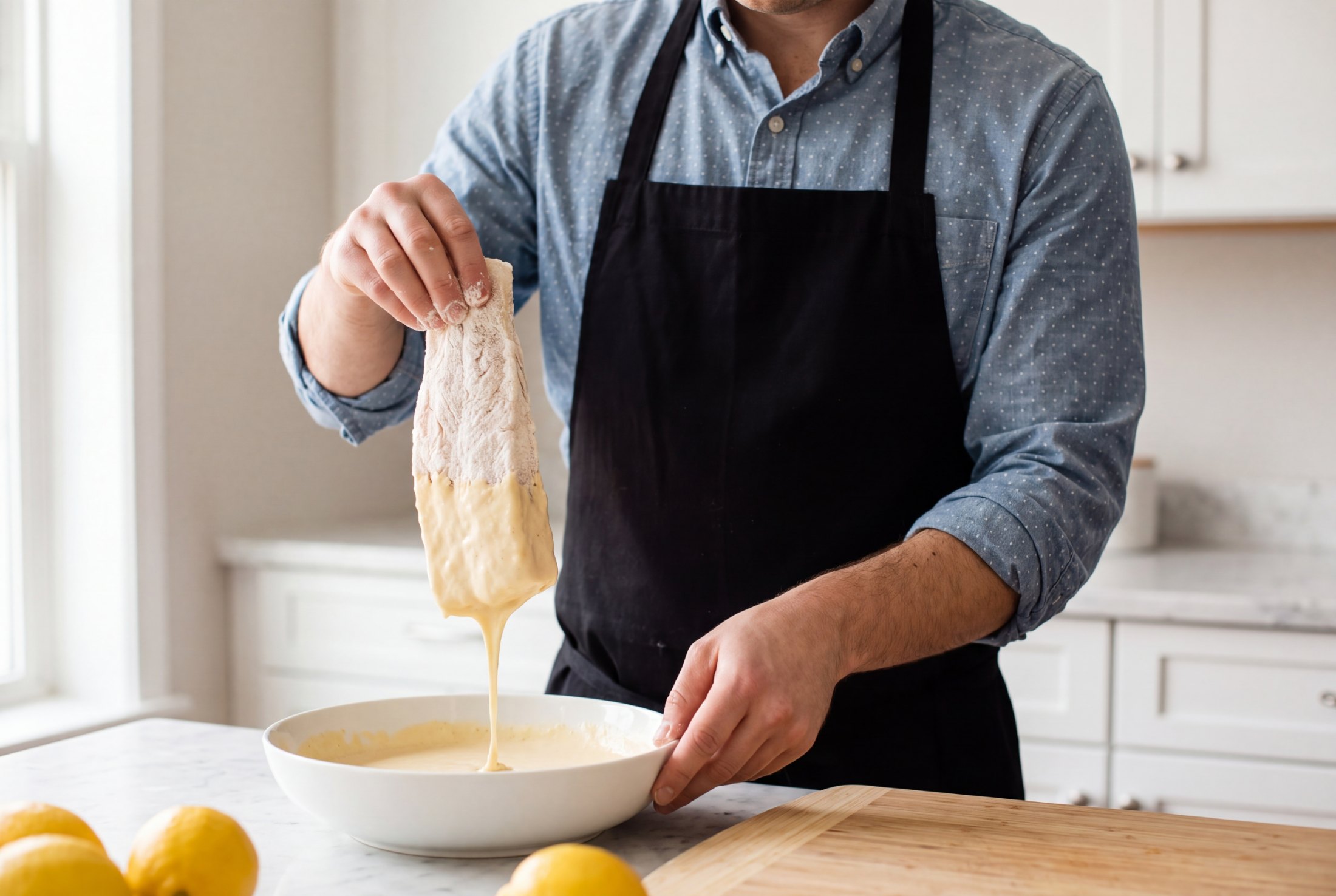 Lifting a halibut fillet coated in beer batter out of a white bowl