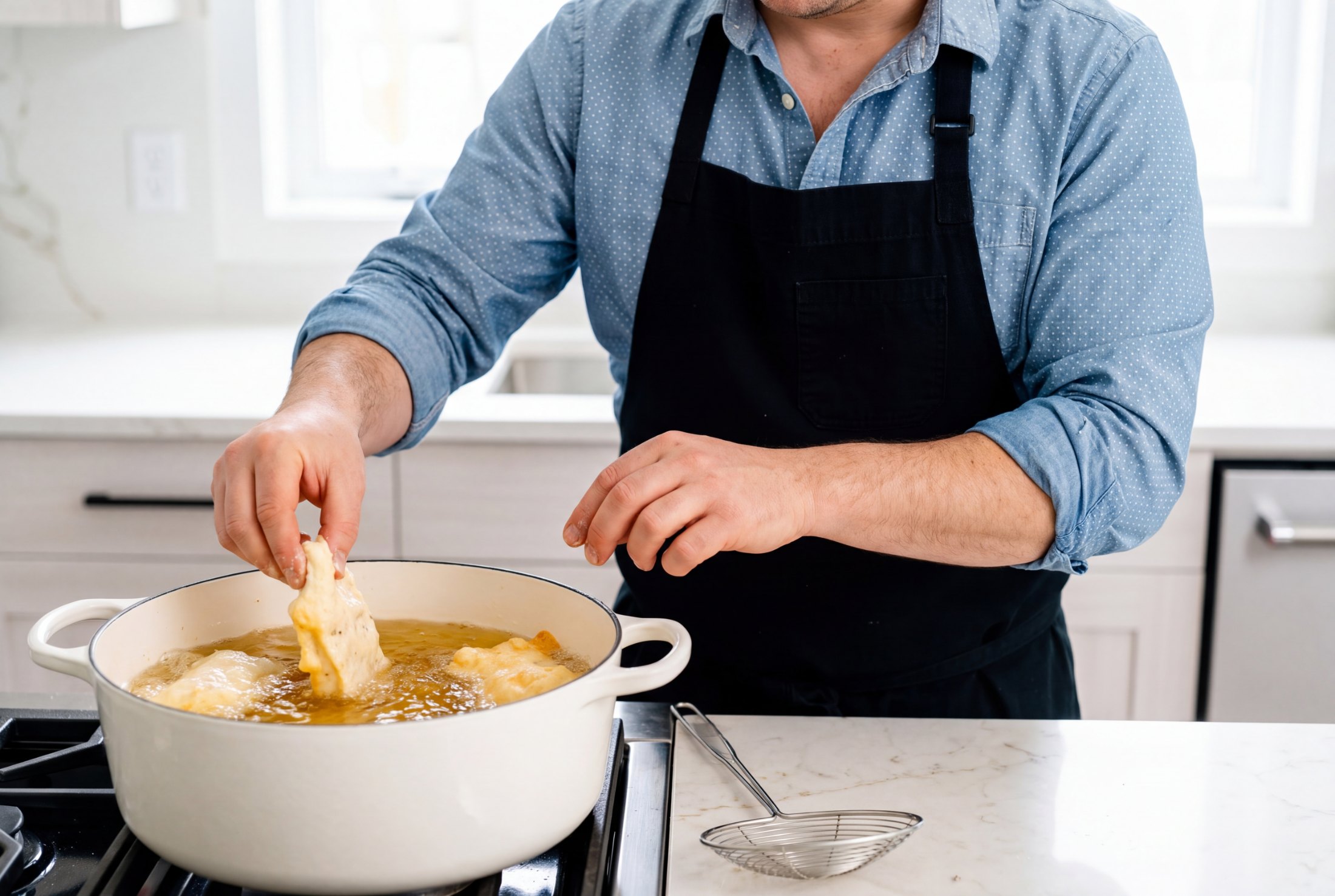 Lowering battered halibut into hot oil in a white enameled Dutch oven