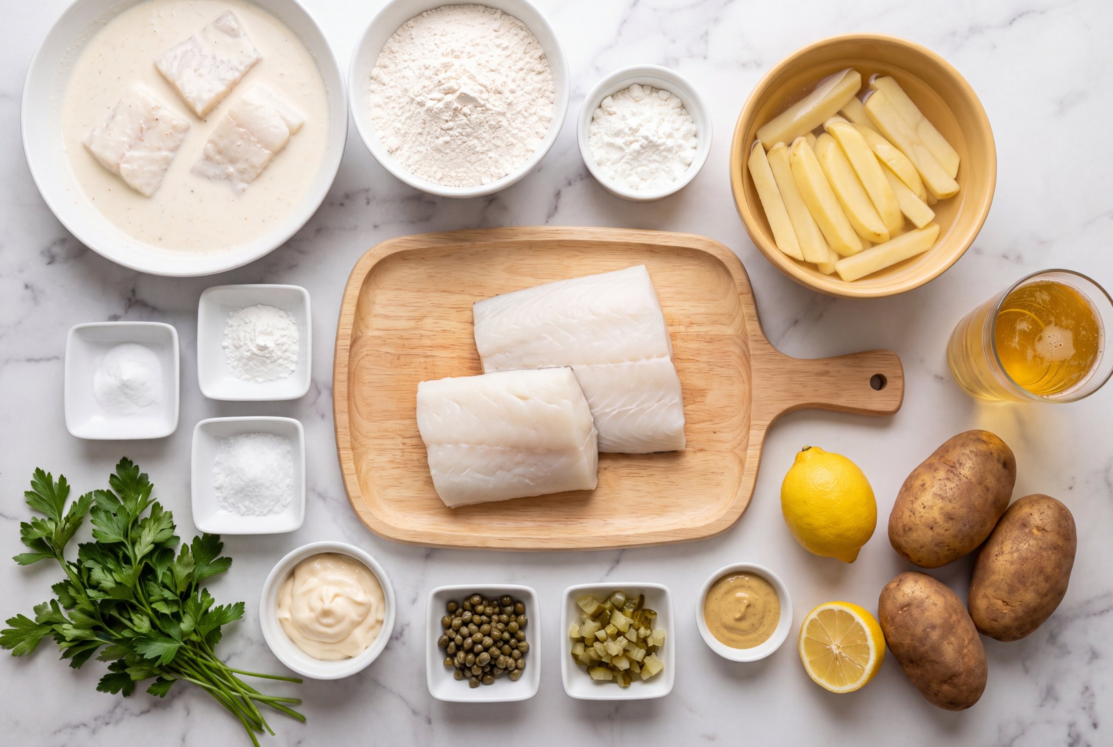 Overhead view of all the ingredients for beer-battered halibut and chips on a marble countertop