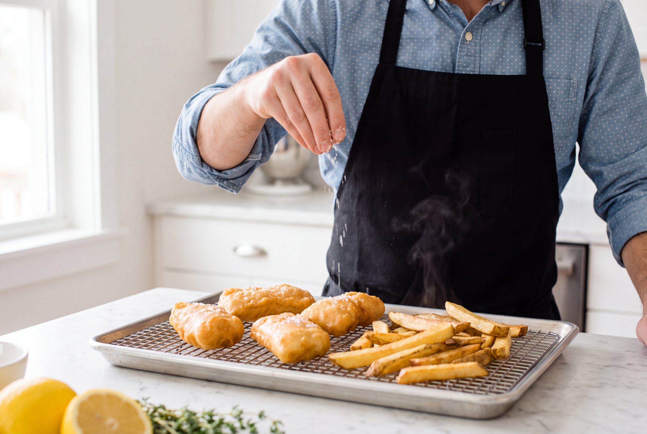 Fried halibut and chips draining on a wire rack over a sheet pan