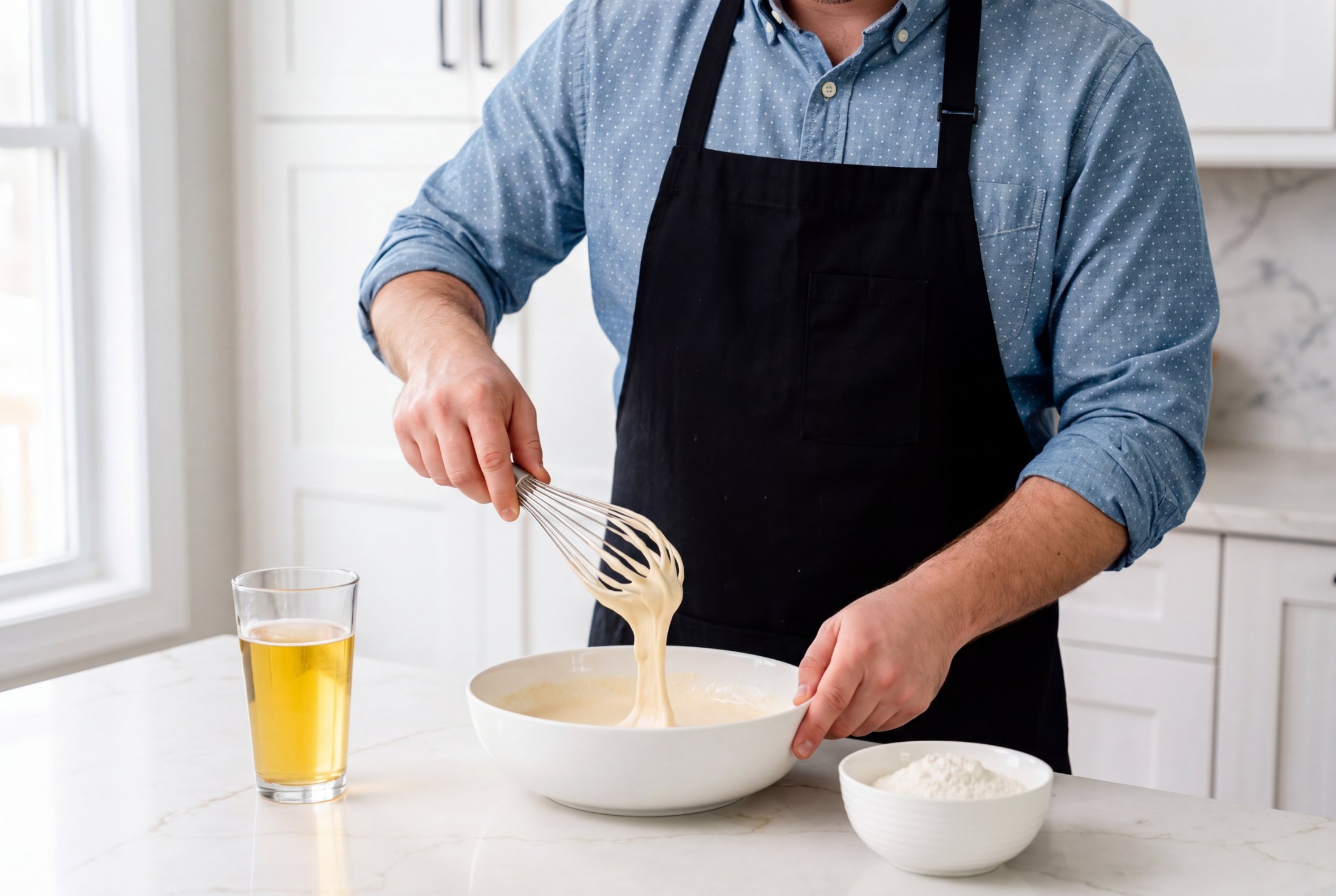 Whisking beer batter smooth in a white mixing bowl