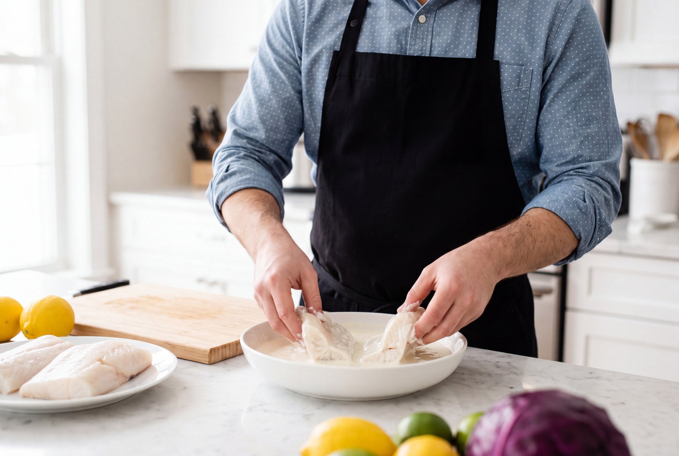 Halibut fillets soaking in a white bowl of buttermilk