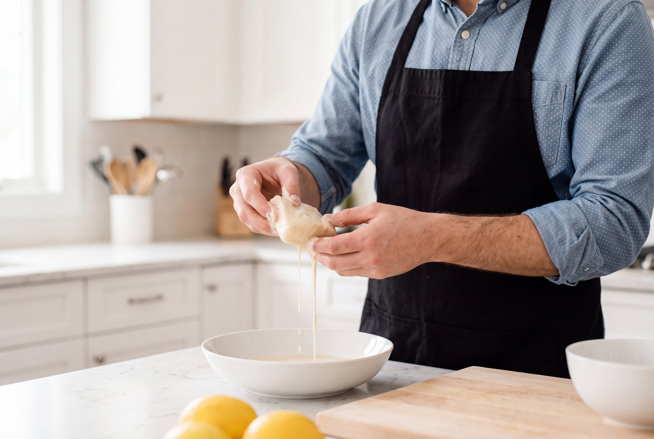 Lifting a fully coated halibut portion out of a white bowl of thin beer batter