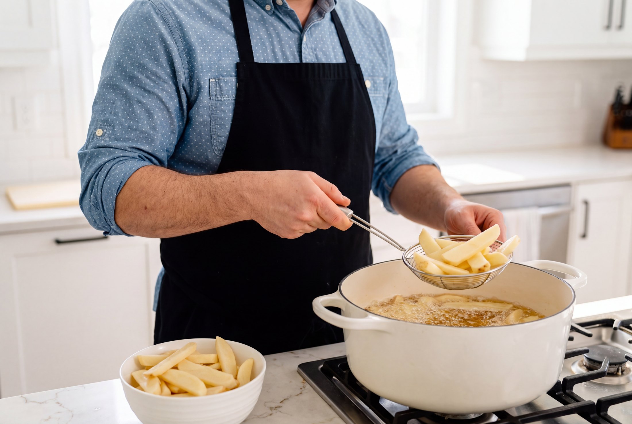 Lowering a spider strainer of hand-cut chips into hot oil in a Dutch oven